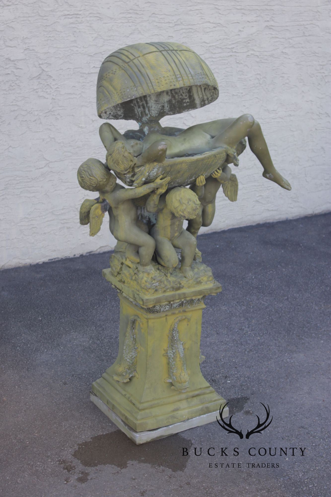 A. Moreau Verdigris Bronze Figural Fountain With Cherubs And Reclining Figure