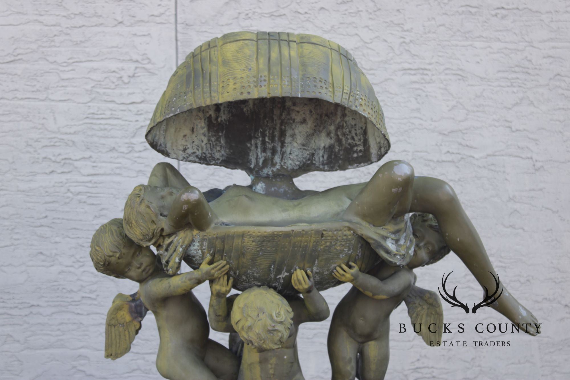 A. Moreau Verdigris Bronze Figural Fountain With Cherubs And Reclining Figure