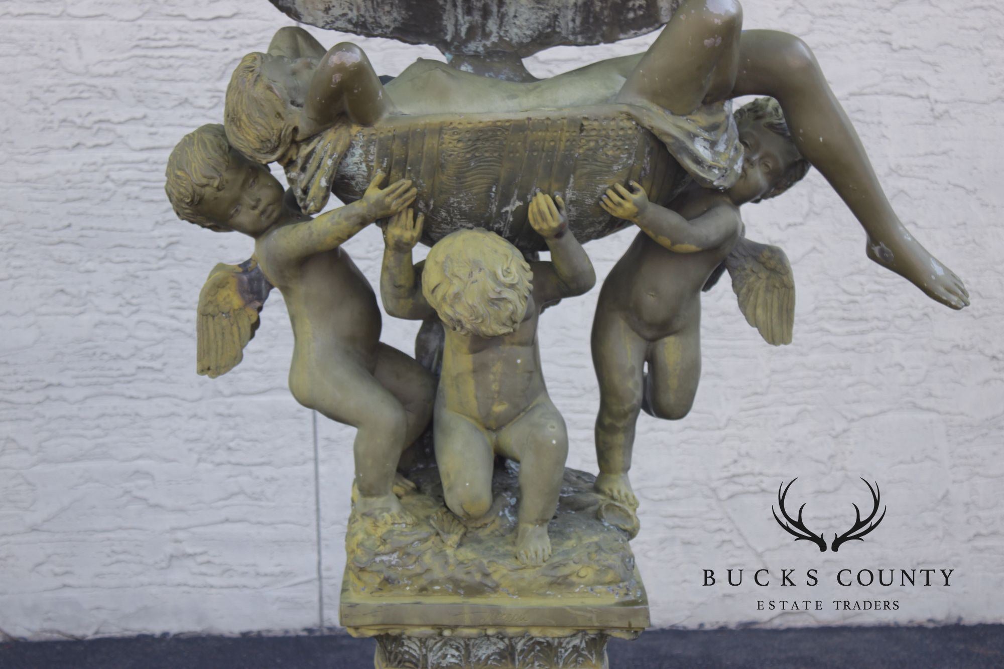 A. Moreau Verdigris Bronze Figural Fountain With Cherubs And Reclining Figure