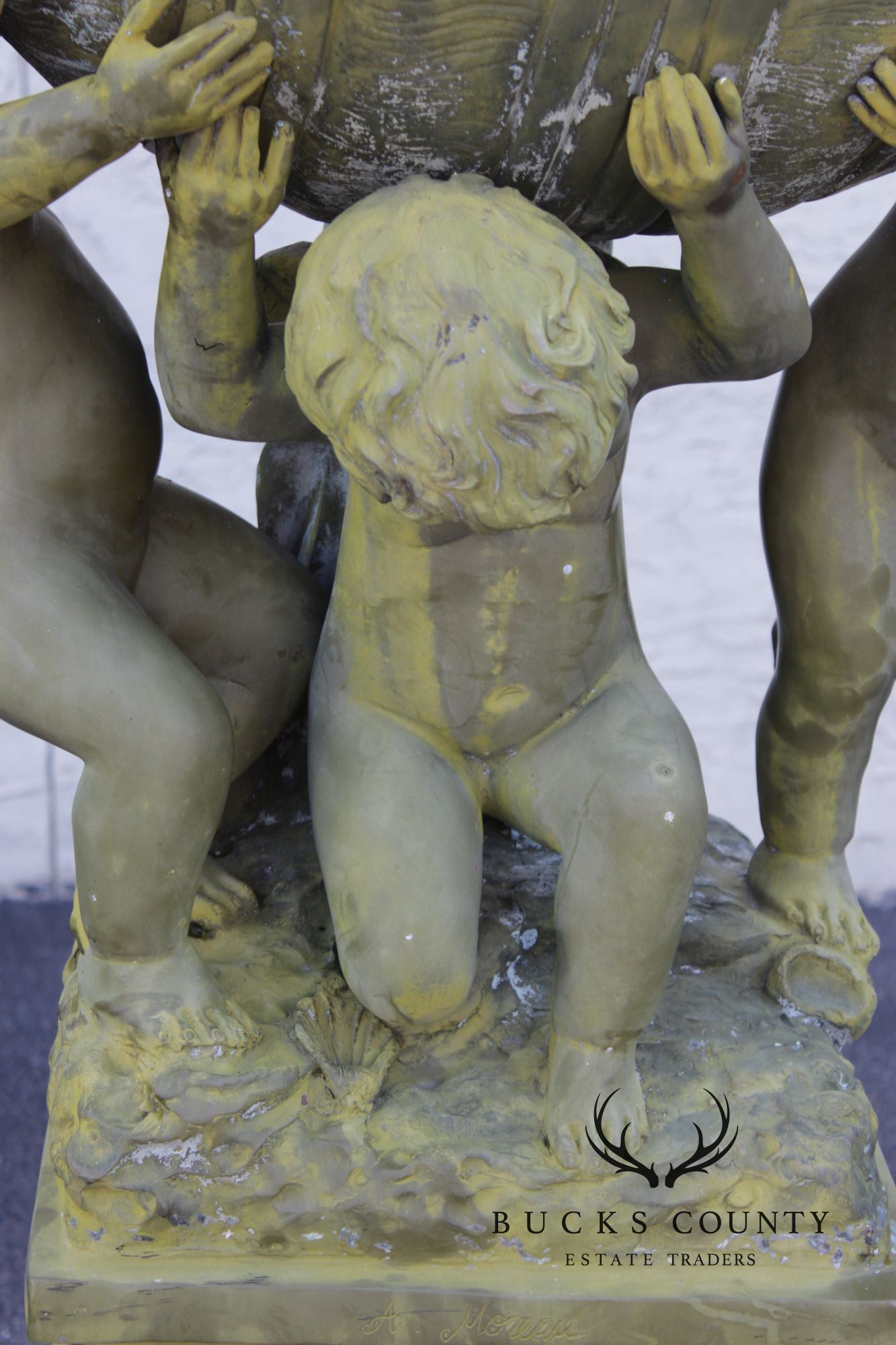 A. Moreau Verdigris Bronze Figural Fountain With Cherubs And Reclining Figure