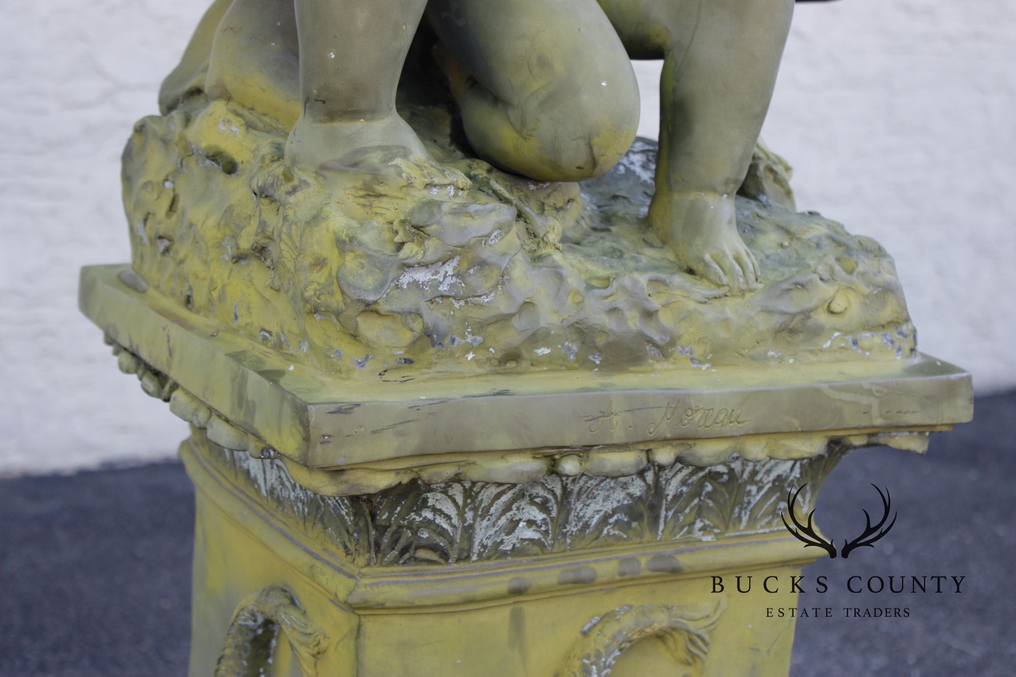 A. Moreau Verdigris Bronze Figural Fountain With Cherubs And Reclining Figure