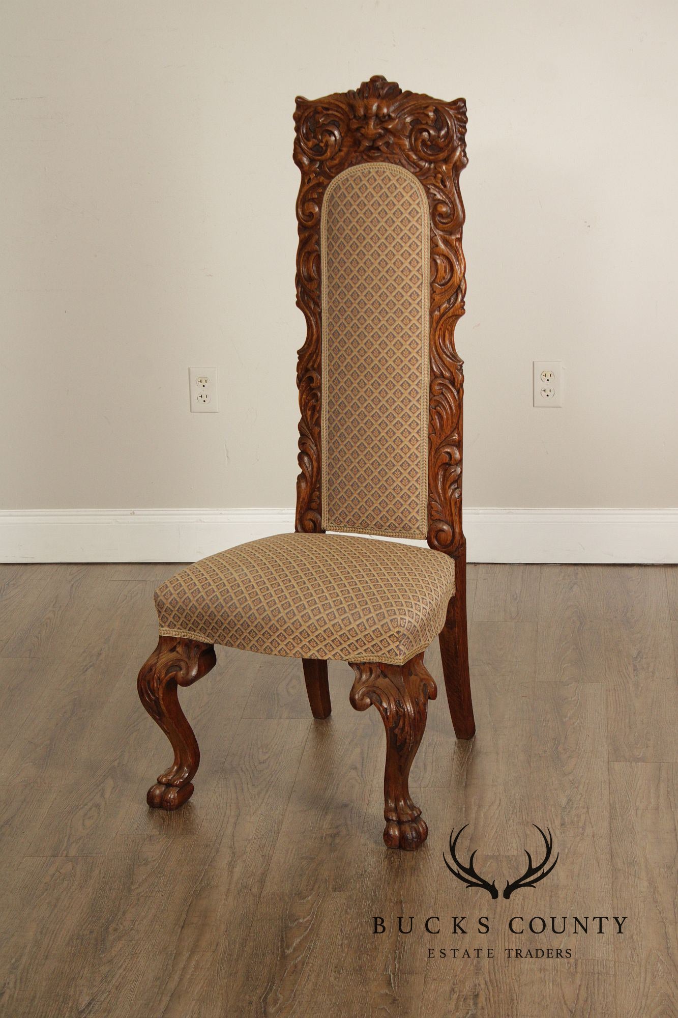 Antique Renaissance Revival Carved Oak Tall Back Side Chair