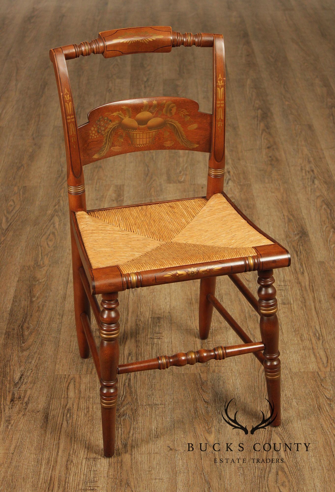 Hitchcock Set Of Five Sheraton Style Maple Painted Rush Seat Dining Chairs