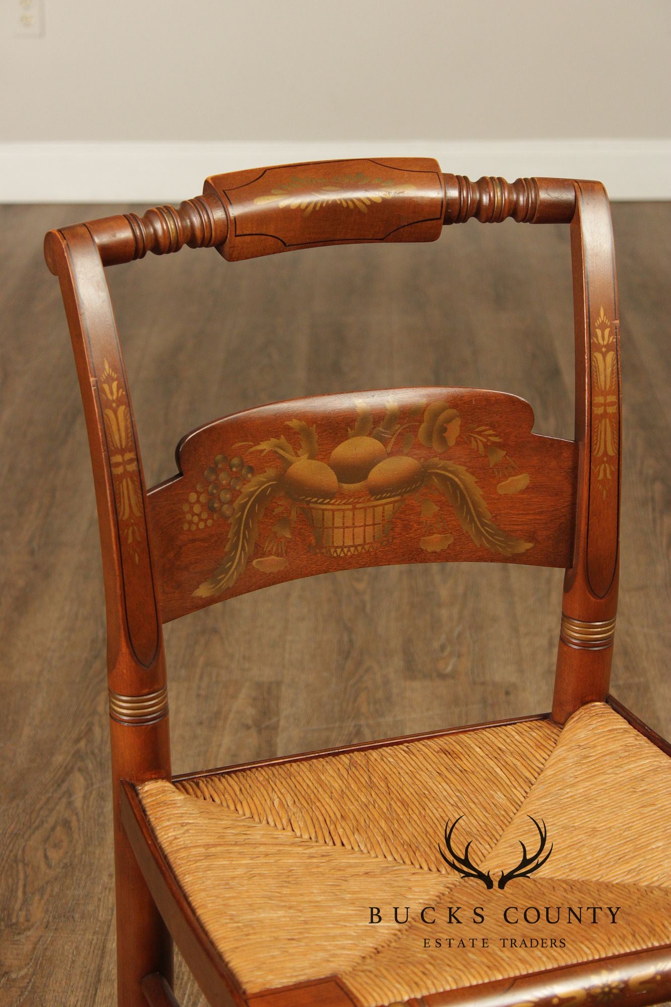 Hitchcock Set Of Five Sheraton Style Maple Painted Rush Seat Dining Chairs