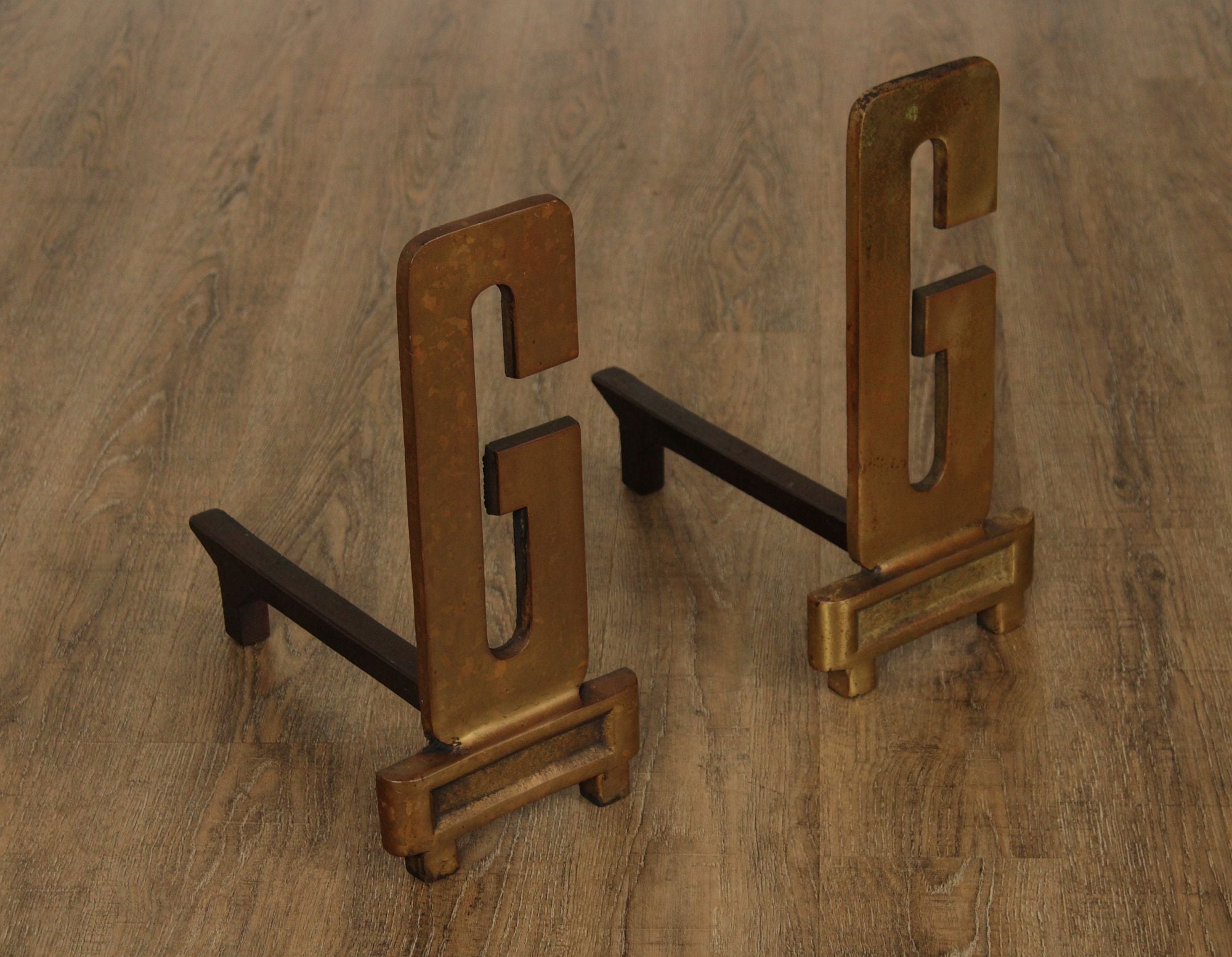 Pair Of Vintage Brass And Iron Monogram "G" Andirons