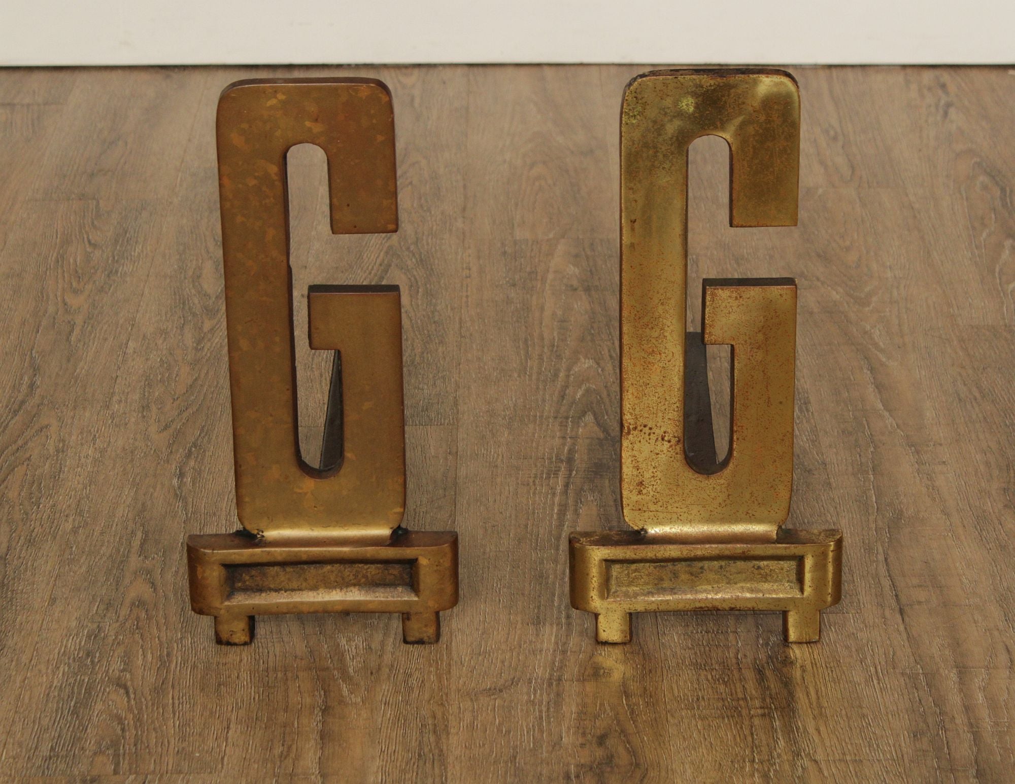 Pair Of Vintage Brass And Iron Monogram "G" Andirons