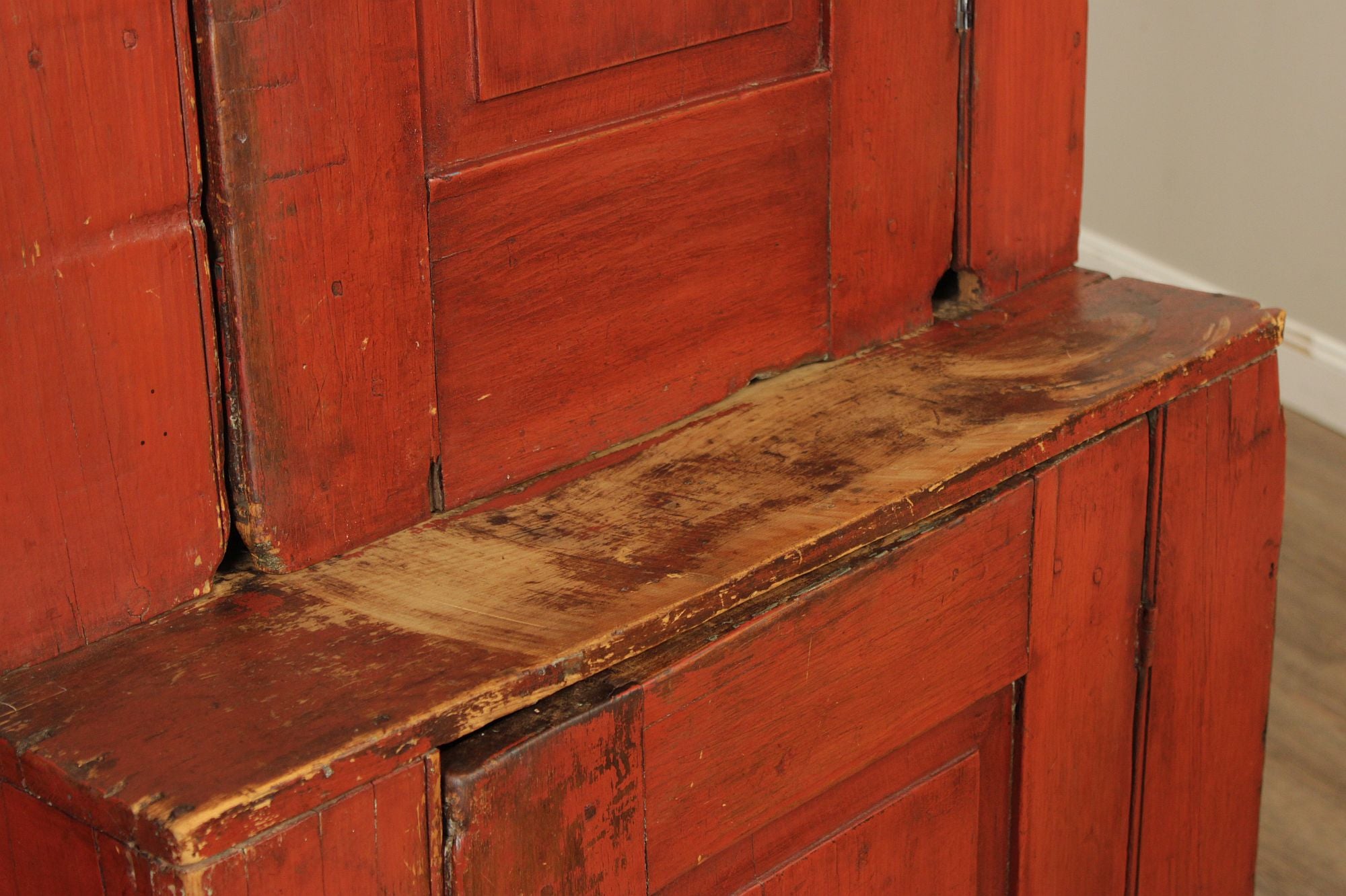 Antique American Primitive Red Painted Pine Two Door Cupboard