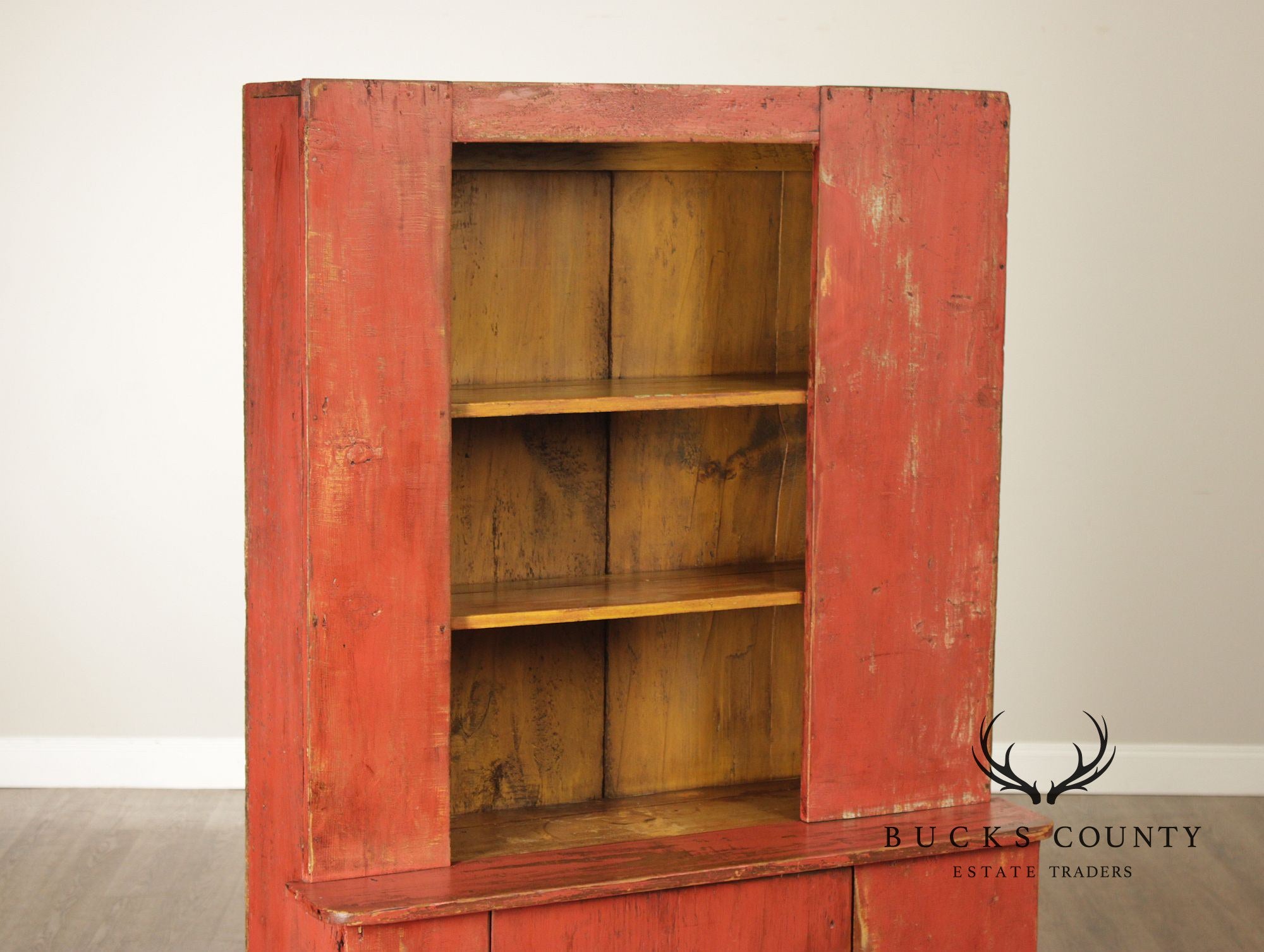 Antique American Primitive Painted Pine Stepback Cupboard