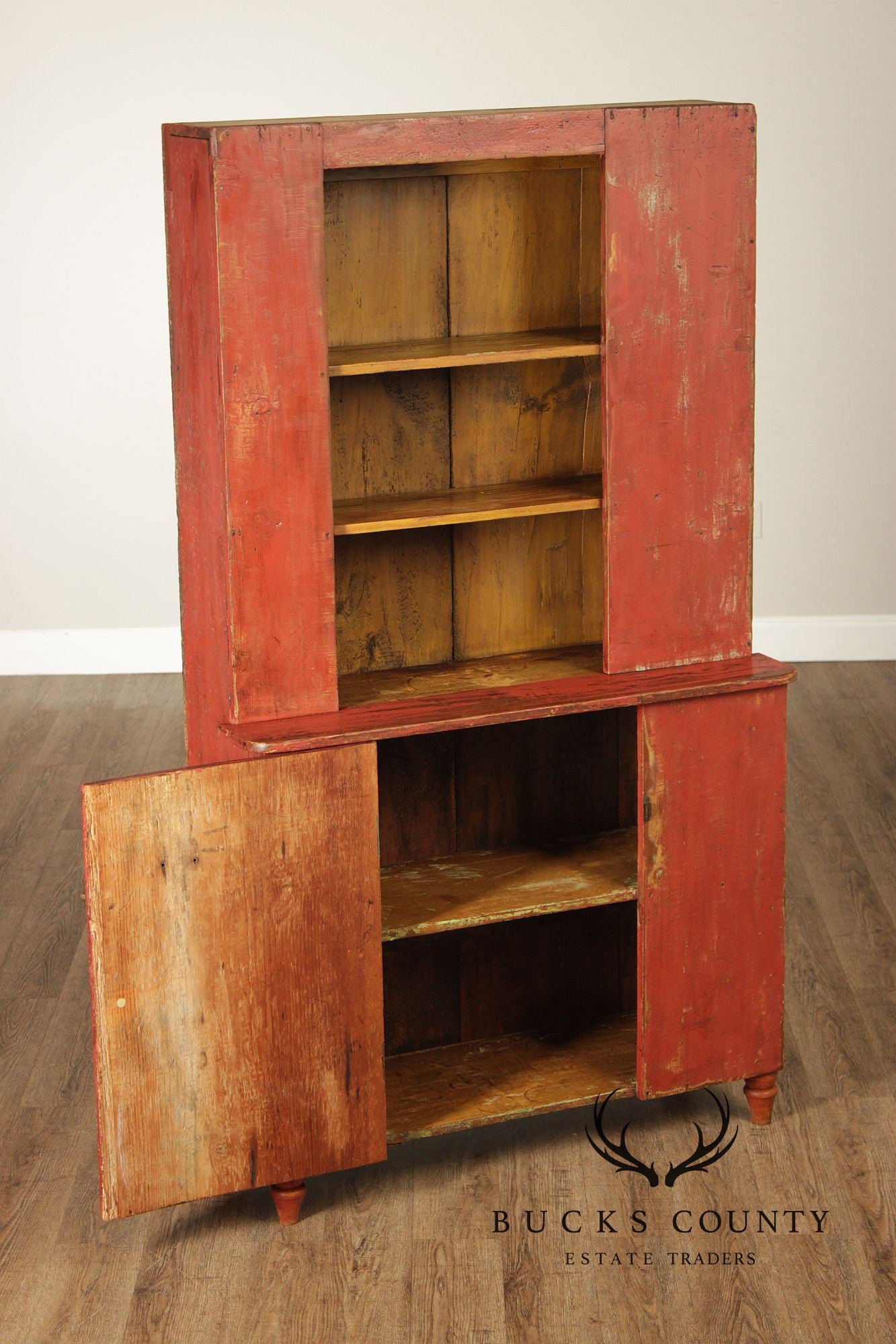Antique American Primitive Painted Pine Stepback Cupboard