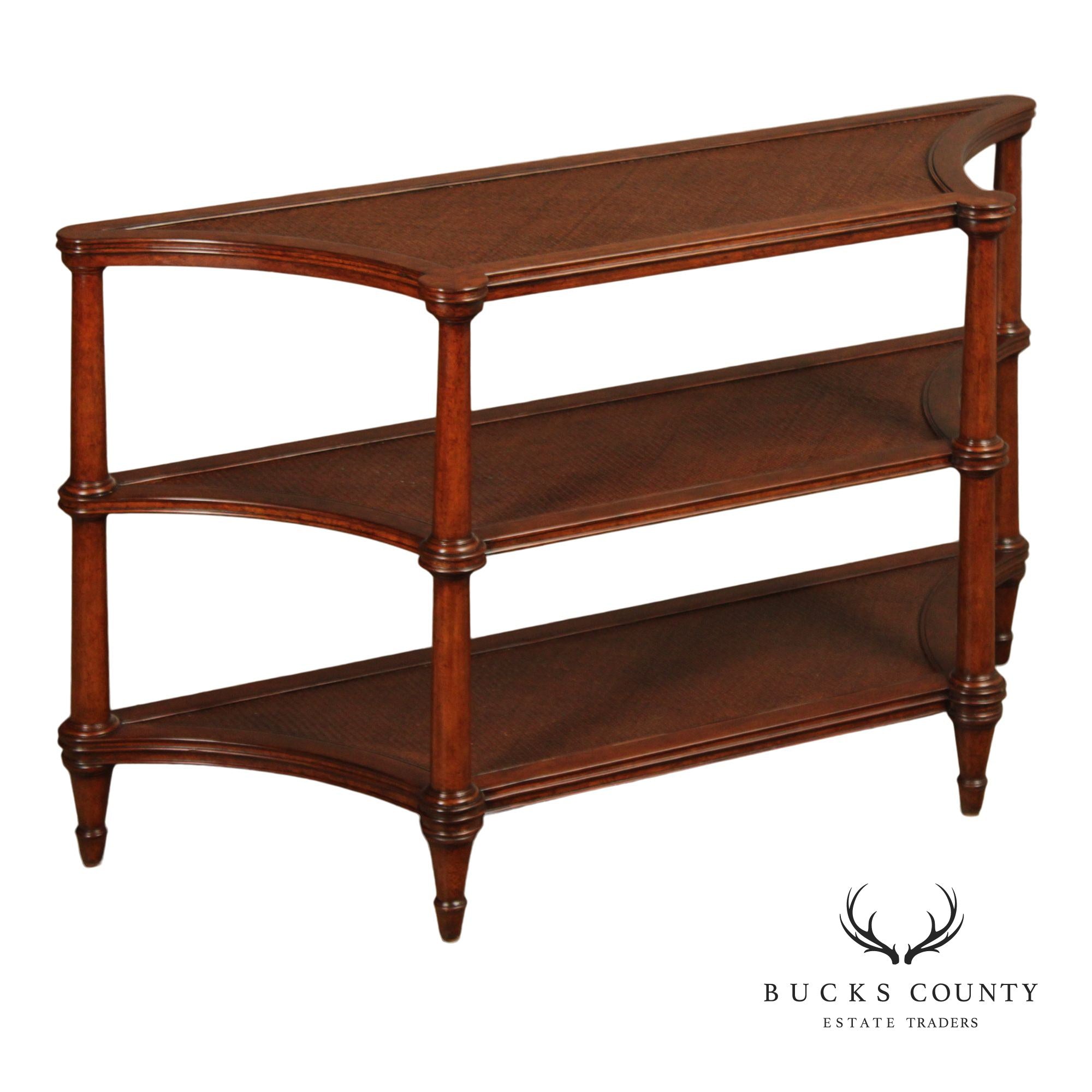 Ethan Allen British Colonial Style Rattan And Mahogany Three Tier Etagere Server