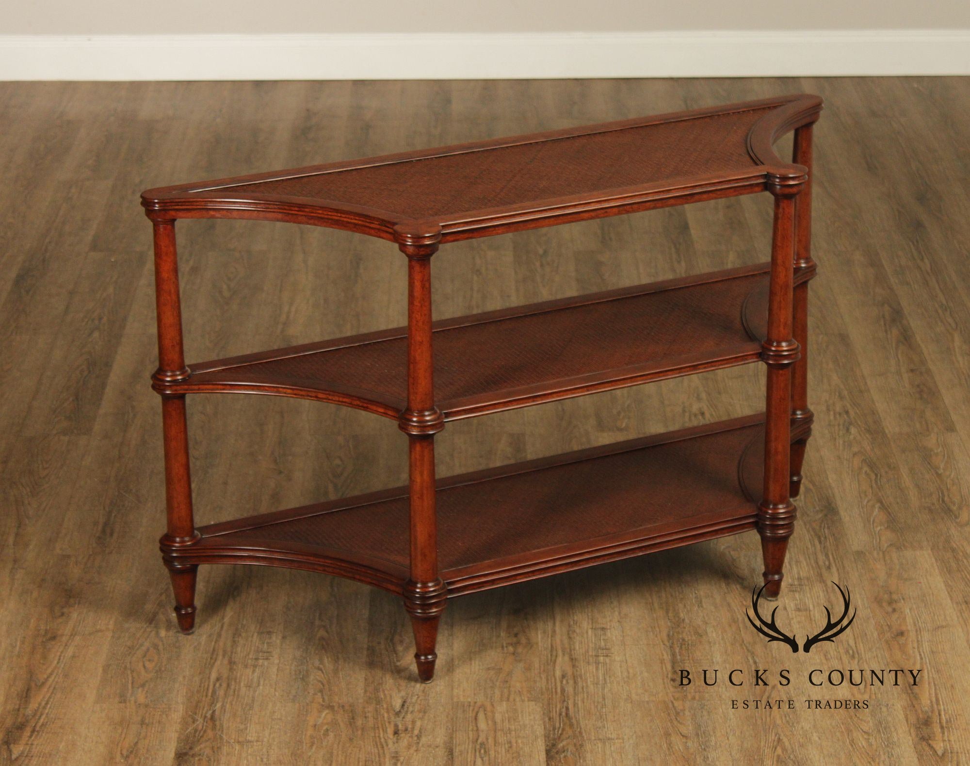Ethan Allen British Colonial Style Rattan And Mahogany Three Tier Etagere Server