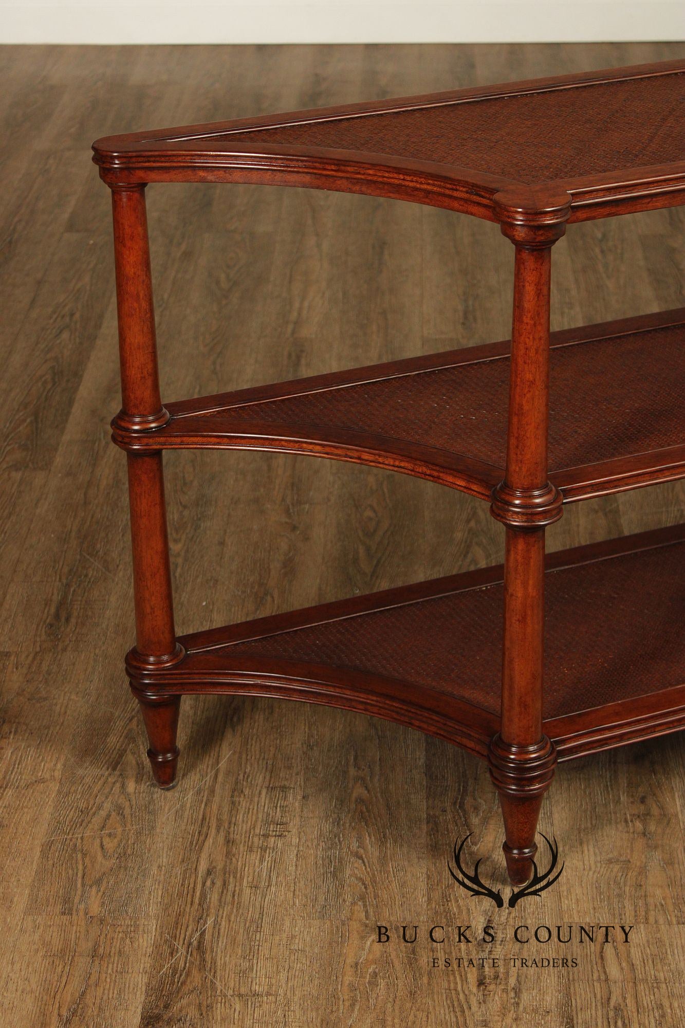 Ethan Allen British Colonial Style Rattan And Mahogany Three Tier Etagere Server