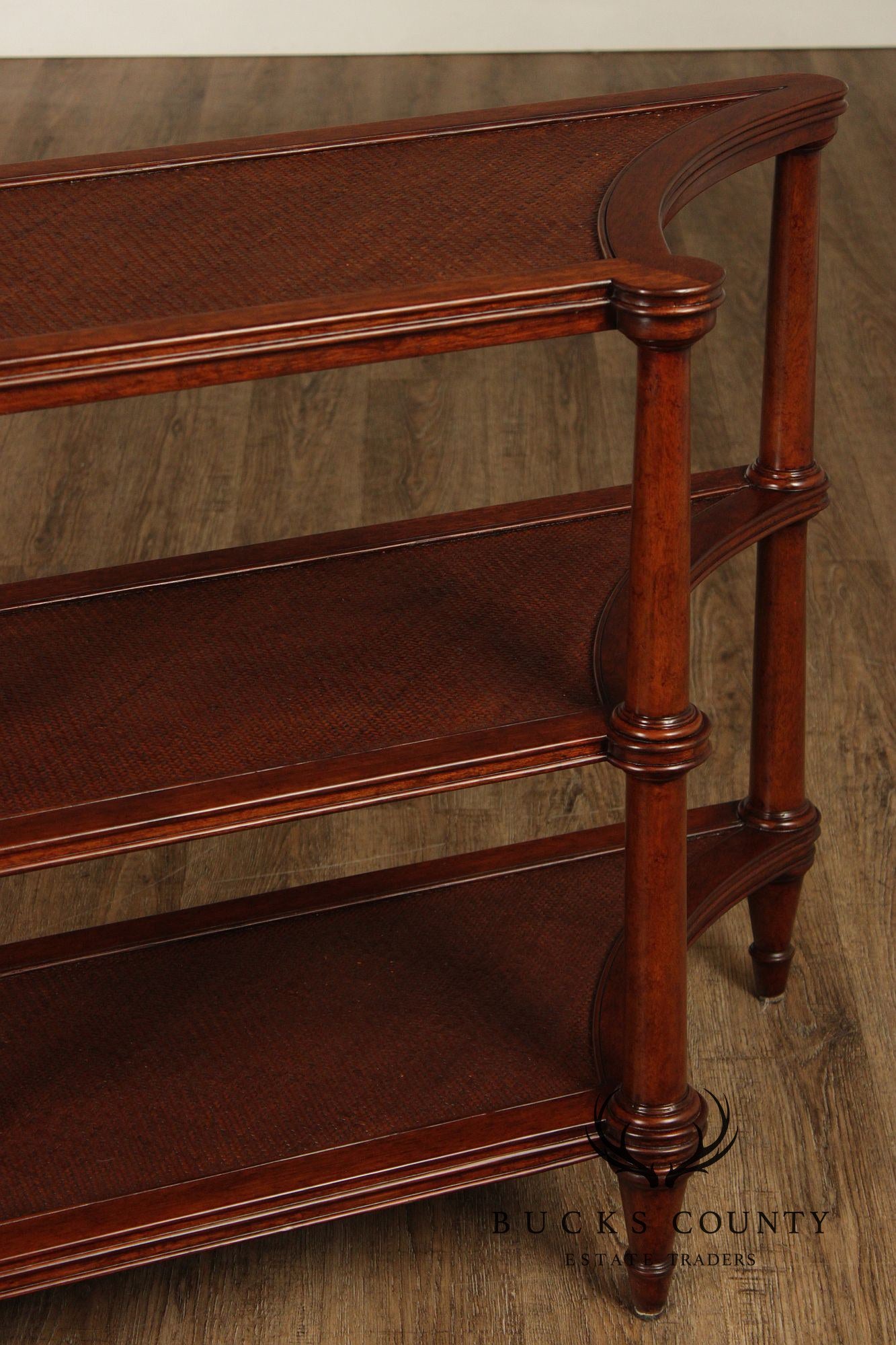 Ethan Allen British Colonial Style Rattan And Mahogany Three Tier Etagere Server