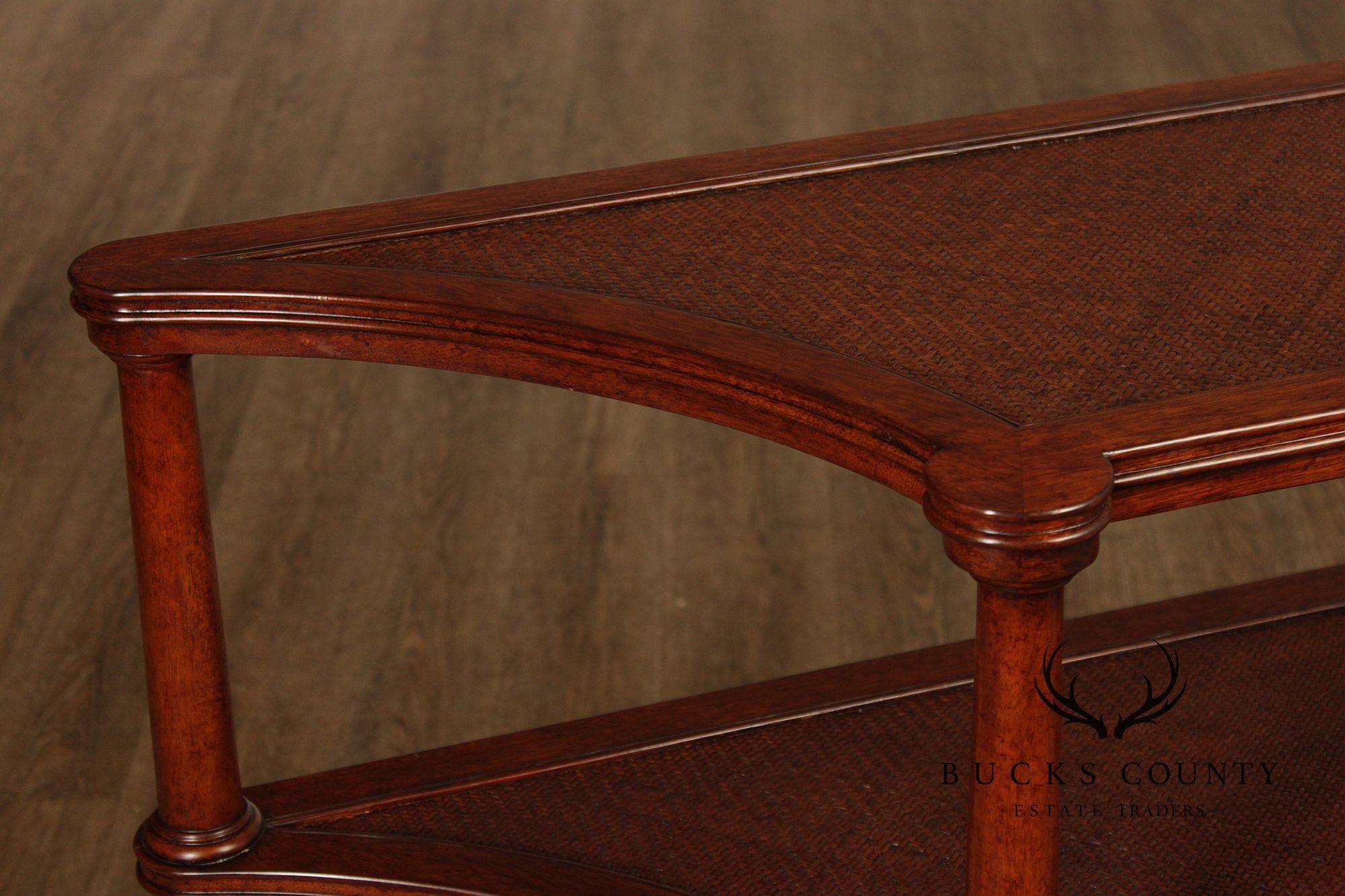 Ethan Allen British Colonial Style Rattan And Mahogany Three Tier Etagere Server