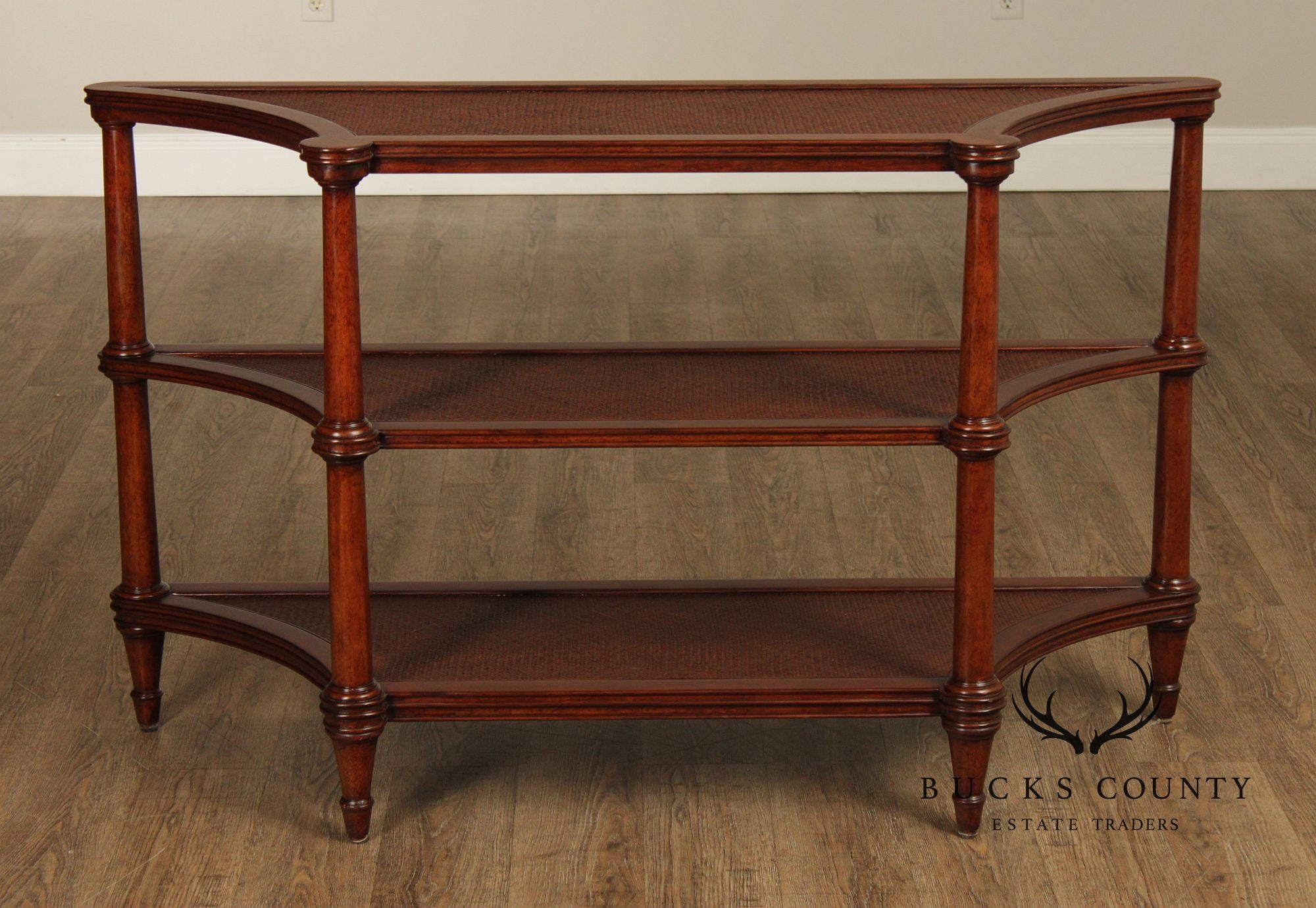 Ethan Allen British Colonial Style Rattan And Mahogany Three Tier Etagere Server