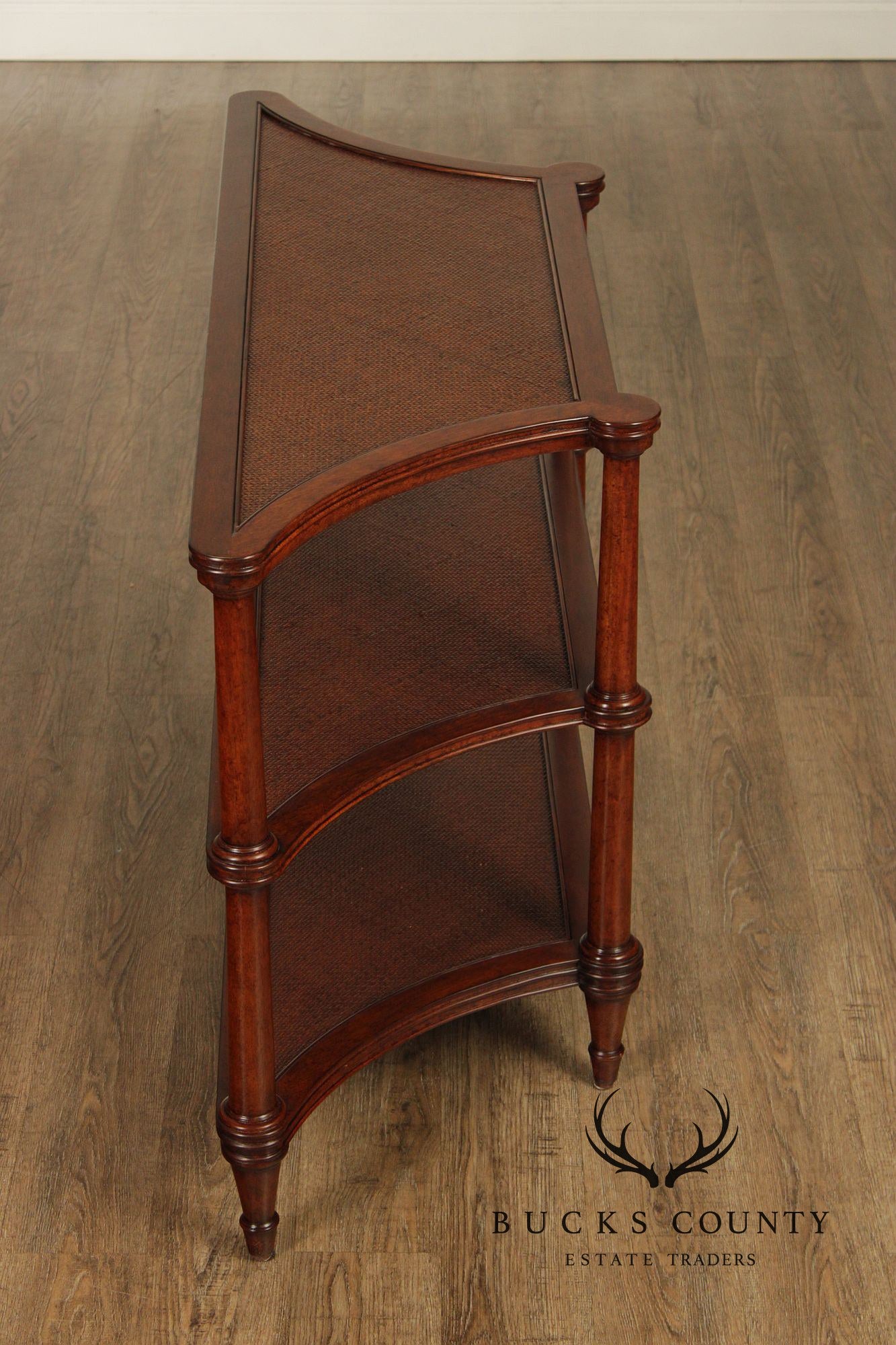 Ethan Allen British Colonial Style Rattan And Mahogany Three Tier Etagere Server