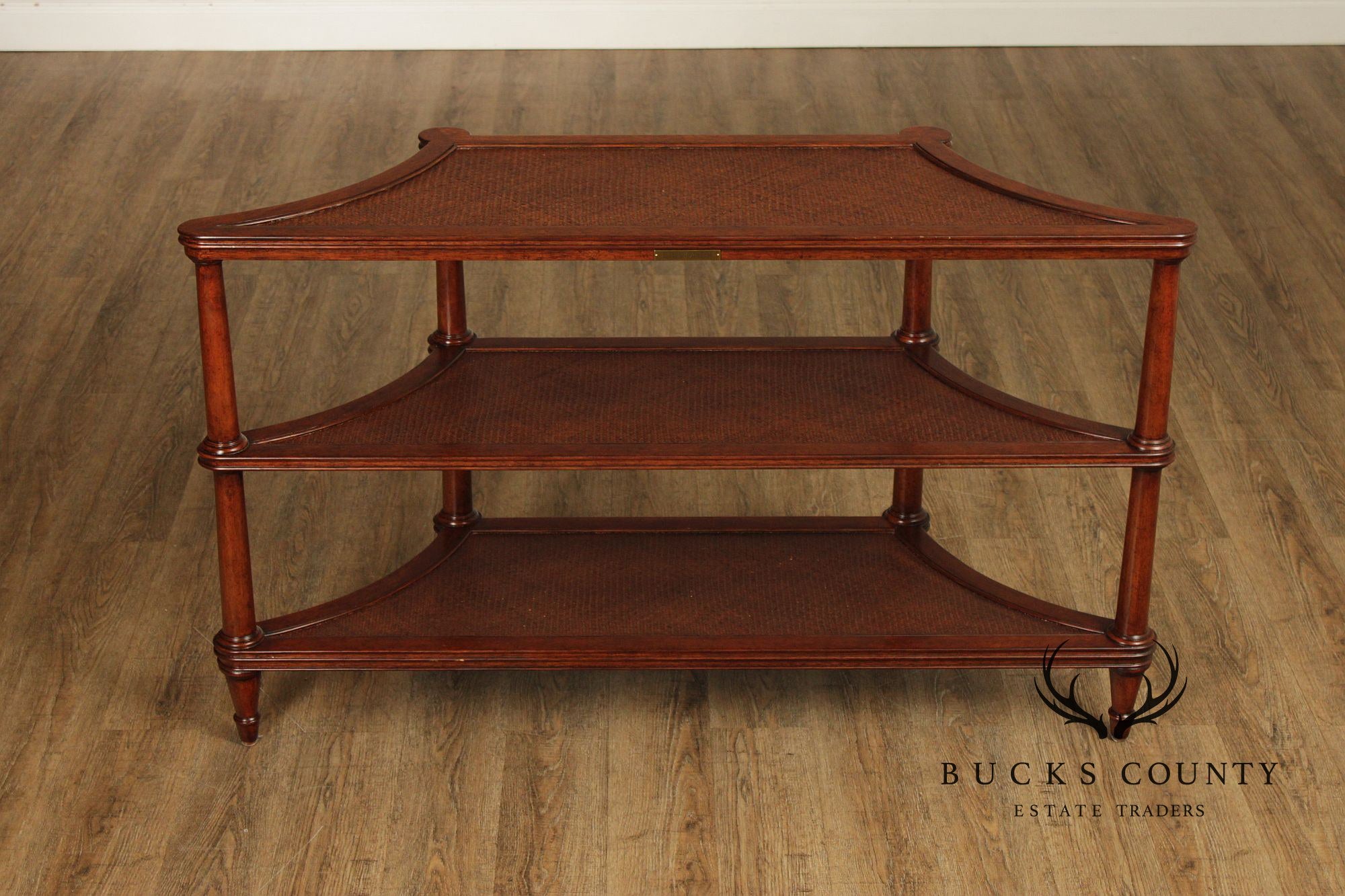 Ethan Allen British Colonial Style Rattan And Mahogany Three Tier Etagere Server