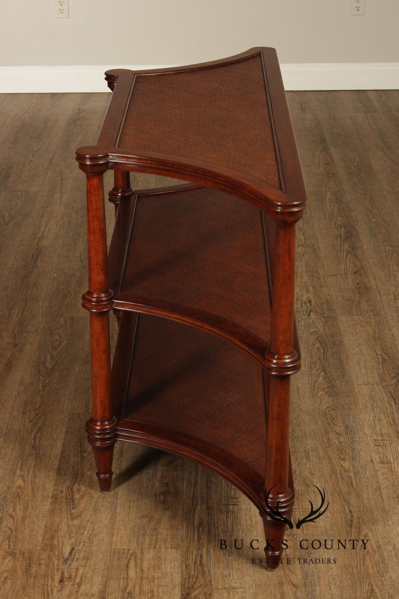 Ethan Allen British Colonial Style Rattan And Mahogany Three Tier Etagere Server