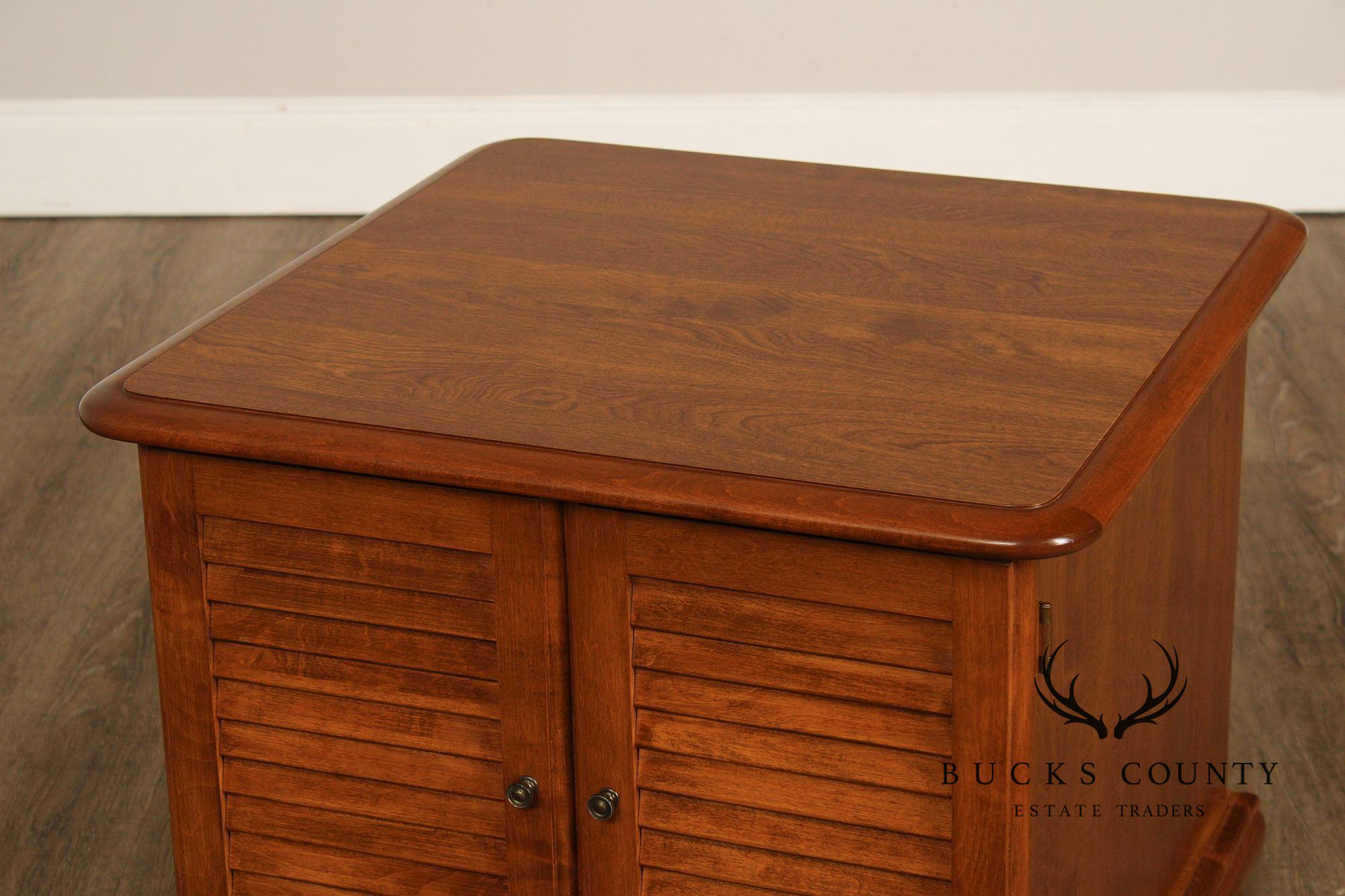 Ethan Allen Heirloom Nutmeg Maple Louvered Door Record Cabinet Side Table