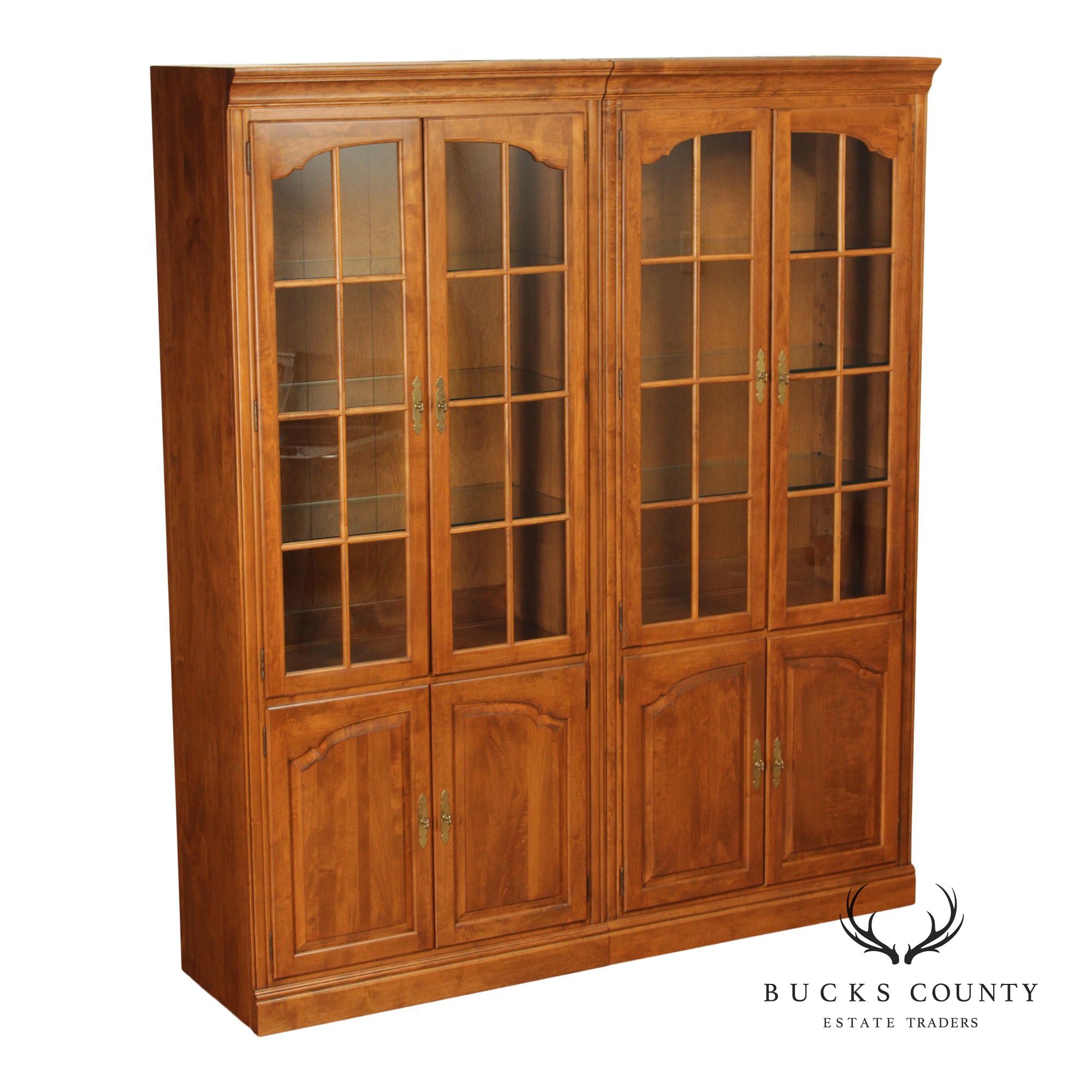 Ethan Allen 1776 Collection Pair Maple Display Bookcase Cabinets