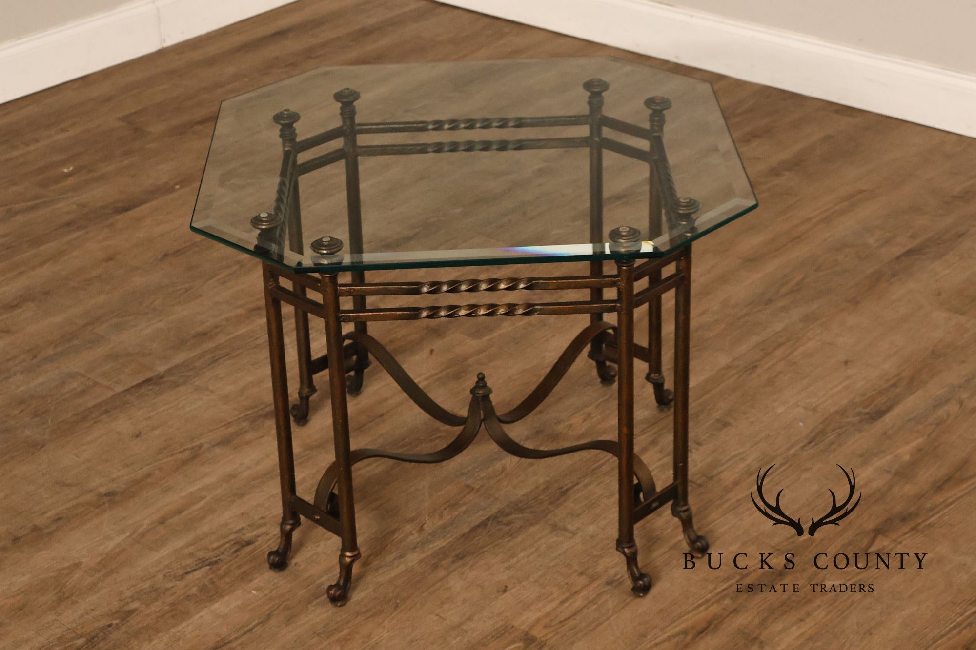 Vintage Hollywood Regency Wrought Iron Glass Top Occasional Table