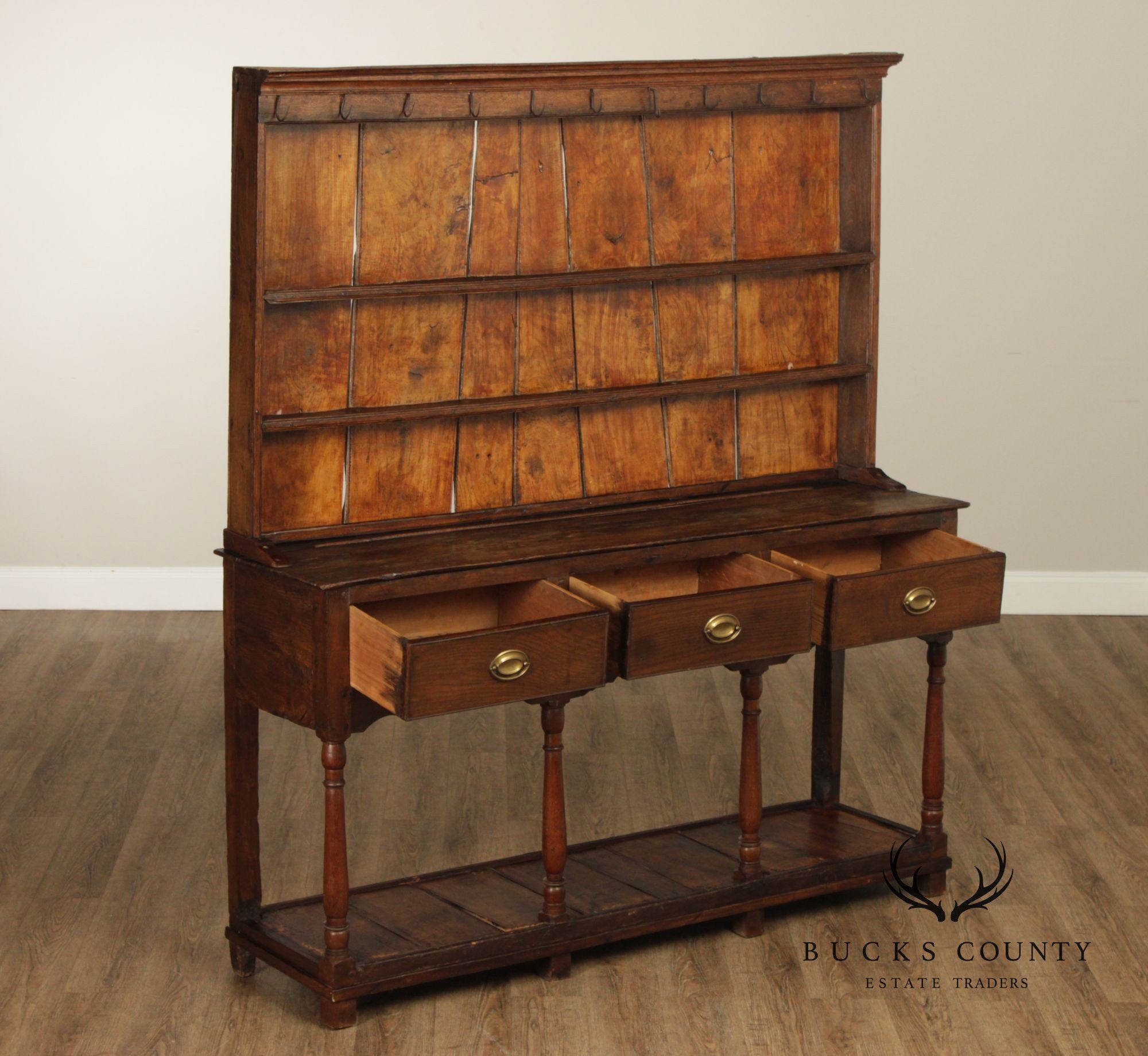 Antique English Country Welsh Dresser With Plate Rack