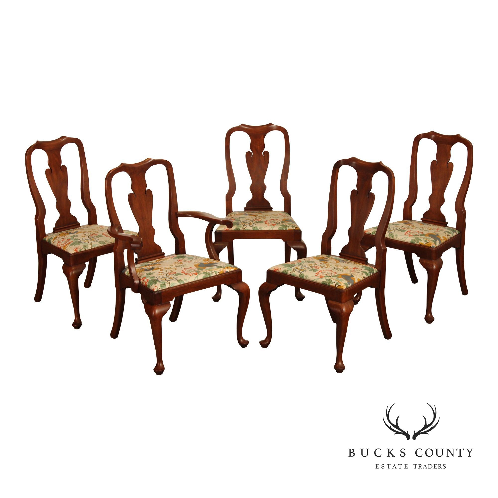 Henkel Harris Queen Anne Style Vintage Set of Five Cherry Dining Chairs