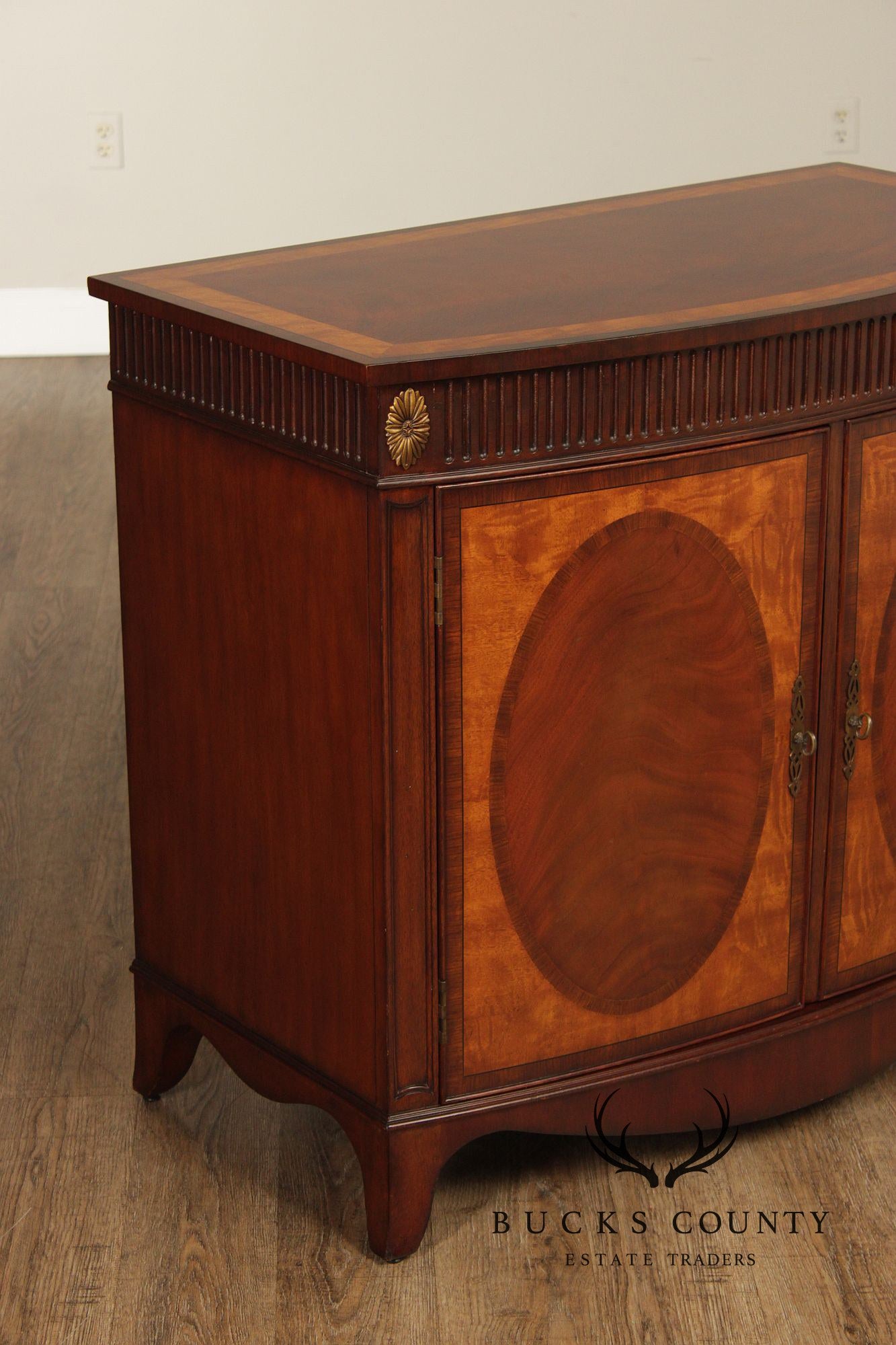 Ethan Allen Federal Style Mahogany And Satinwood Inlaid Demilune Server Cabinet
