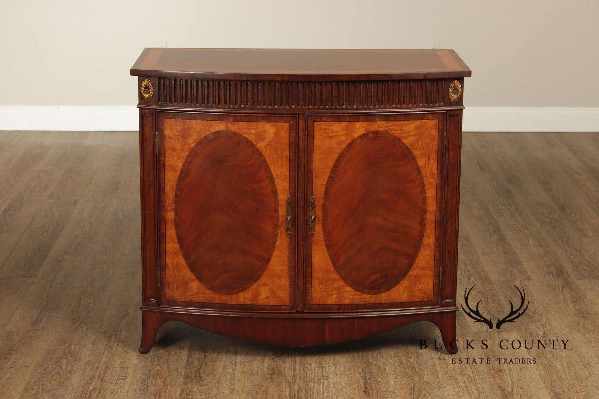 Ethan Allen Federal Style Mahogany And Satinwood Inlaid Demilune Server Cabinet