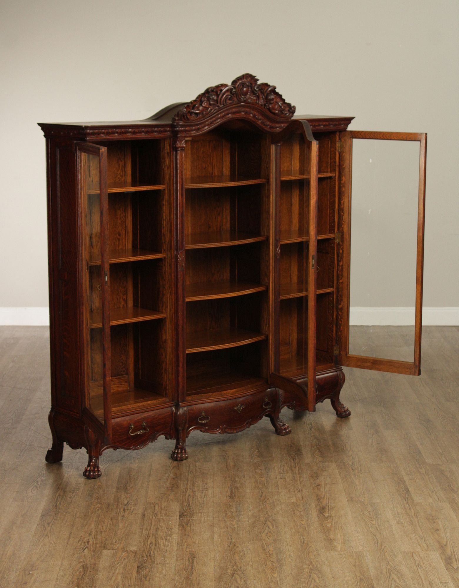 Antique Victorian Rococo Revival Oak Carved Glass Triple Door Bookcase