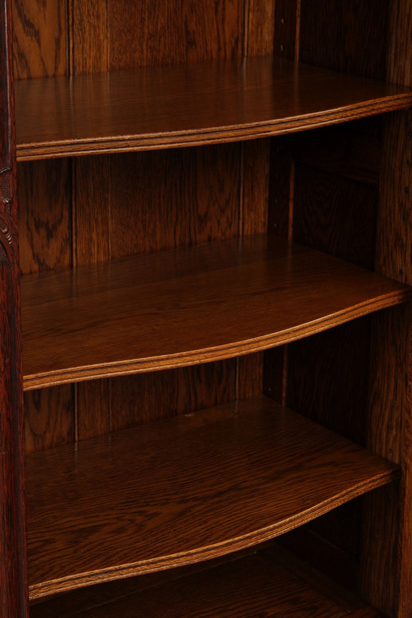 Antique Victorian Rococo Revival Oak Carved Glass Triple Door Bookcase