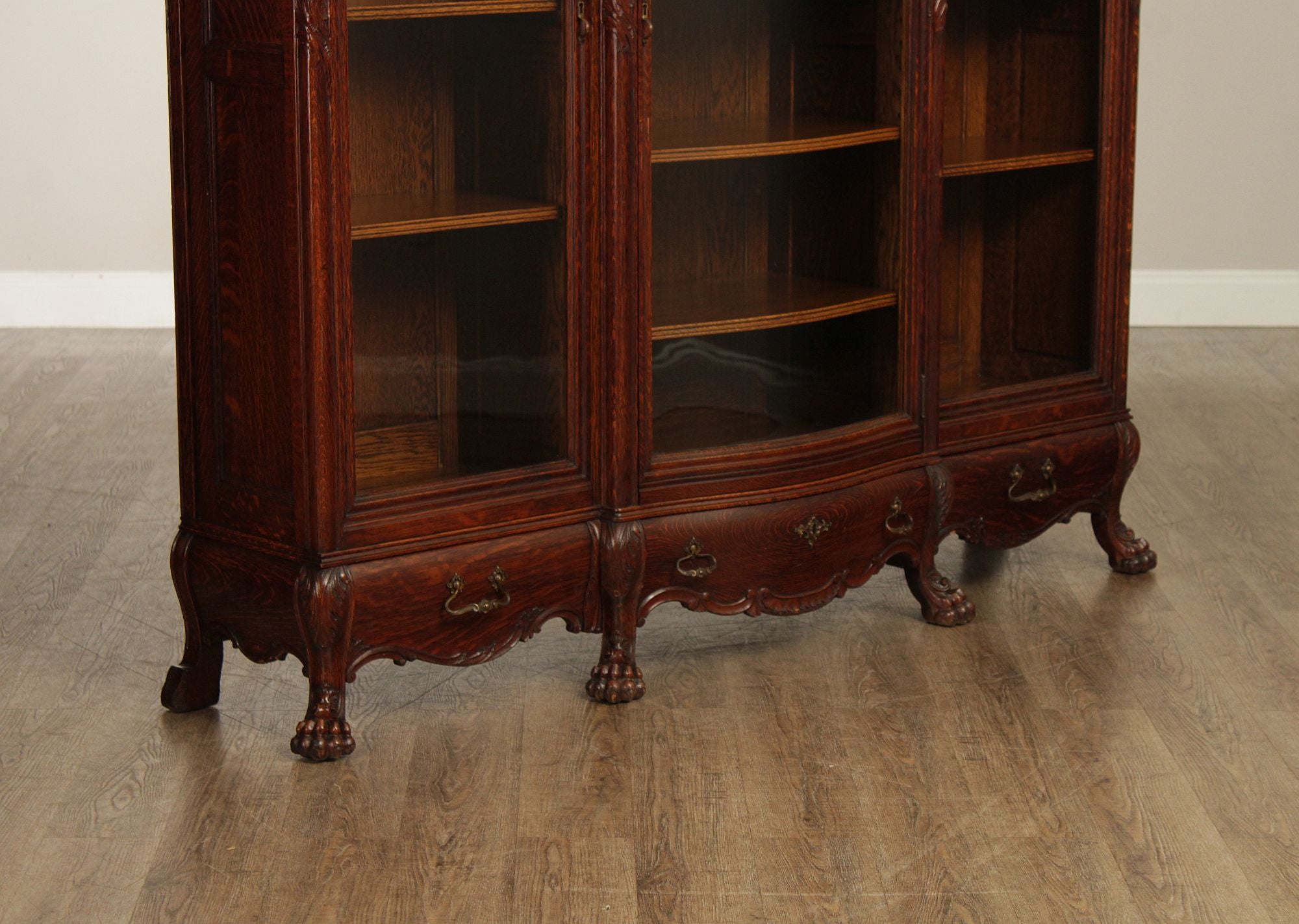 Antique Victorian Rococo Revival Oak Carved Glass Triple Door Bookcase