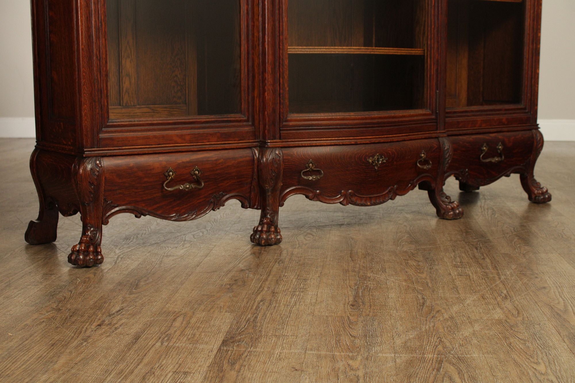 Antique Victorian Rococo Revival Oak Carved Glass Triple Door Bookcase