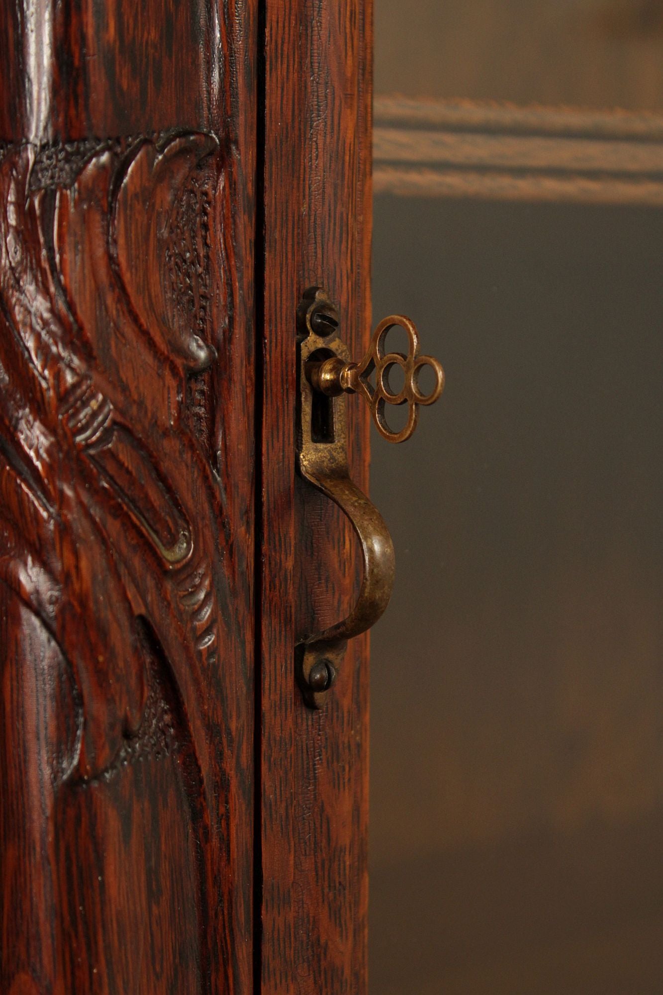 Antique Victorian Rococo Revival Oak Carved Glass Triple Door Bookcase