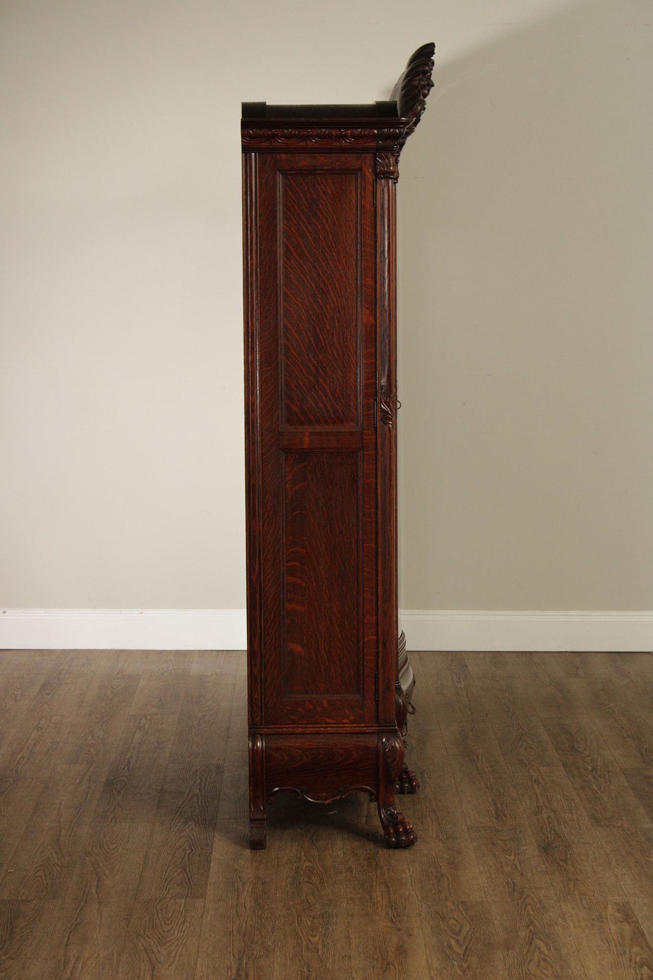 Antique Victorian Rococo Revival Oak Carved Glass Triple Door Bookcase