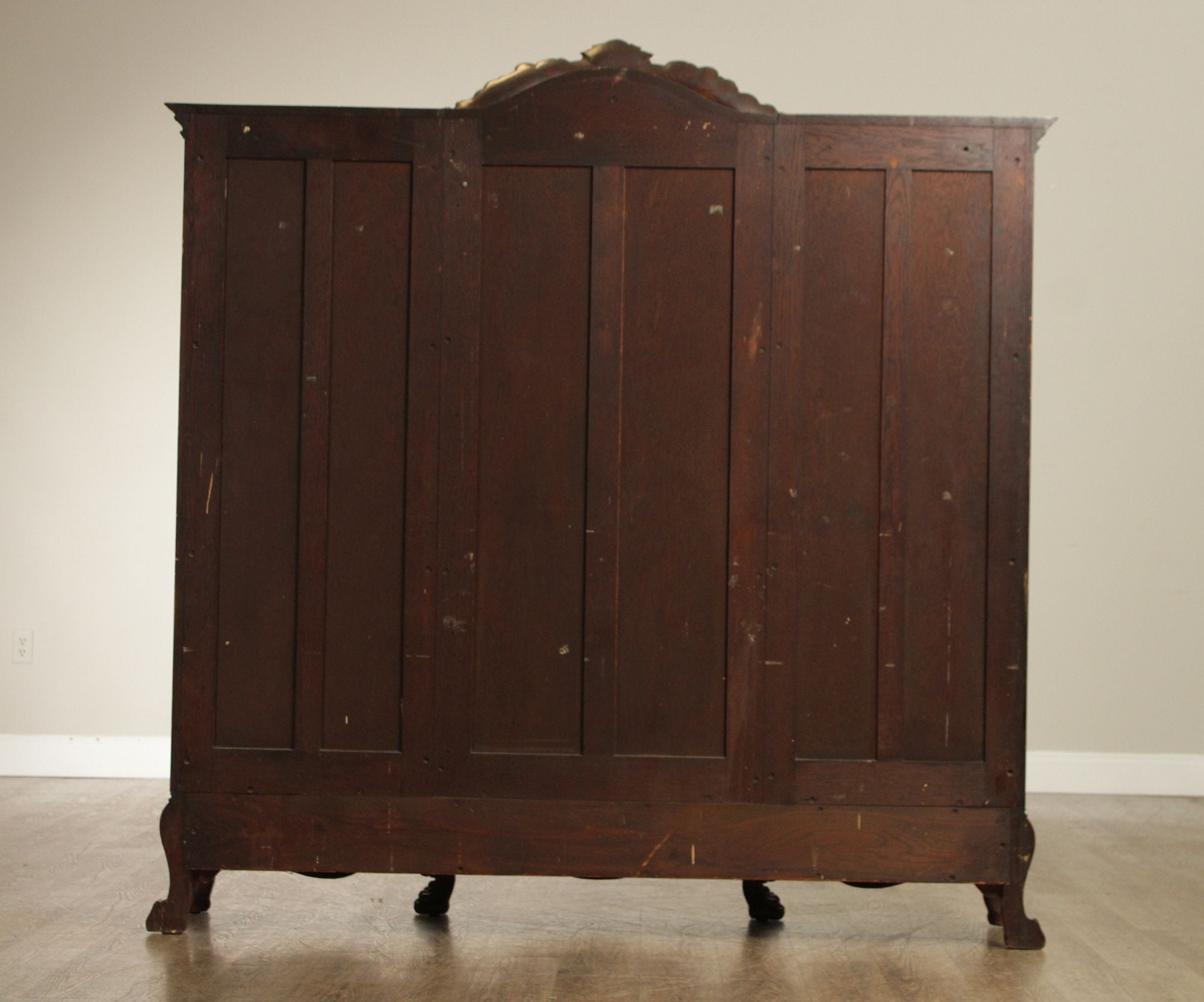 Antique Victorian Rococo Revival Oak Carved Glass Triple Door Bookcase