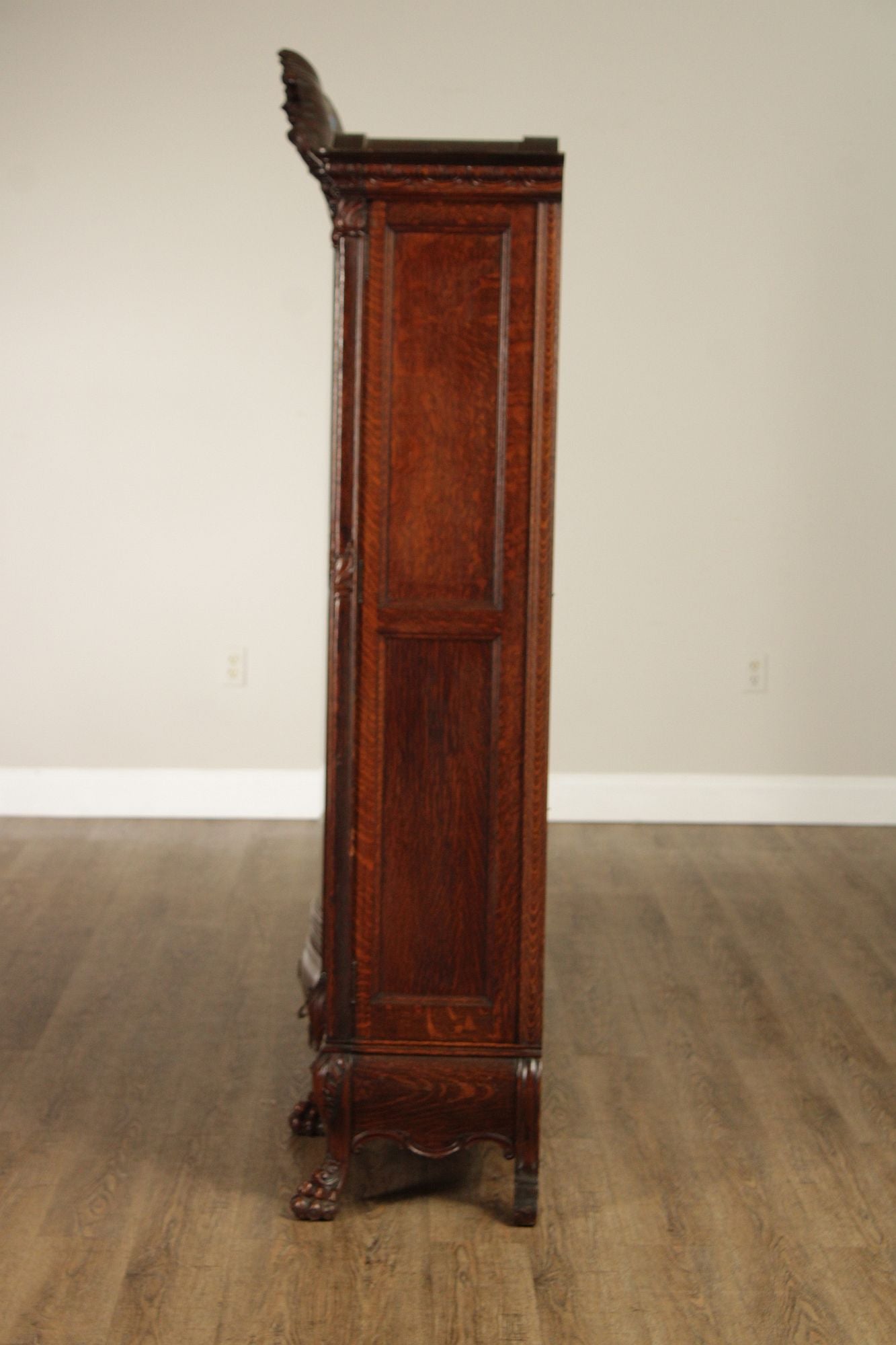 Antique Victorian Rococo Revival Oak Carved Glass Triple Door Bookcase
