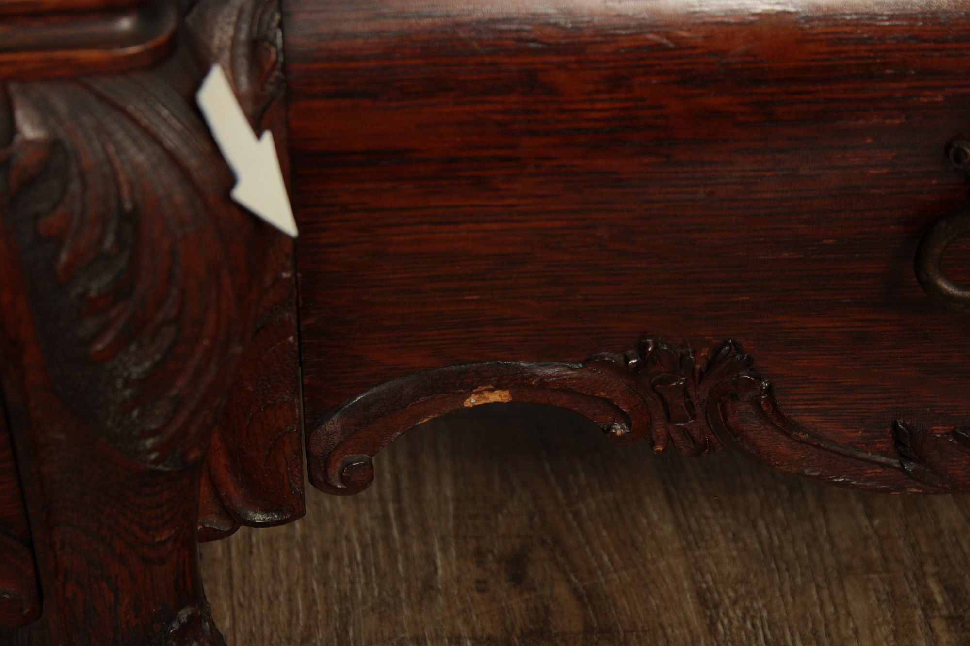 Antique Victorian Rococo Revival Oak Carved Glass Triple Door Bookcase