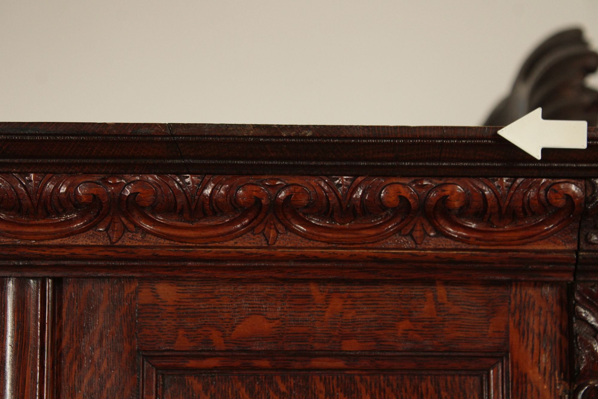 Antique Victorian Rococo Revival Oak Carved Glass Triple Door Bookcase