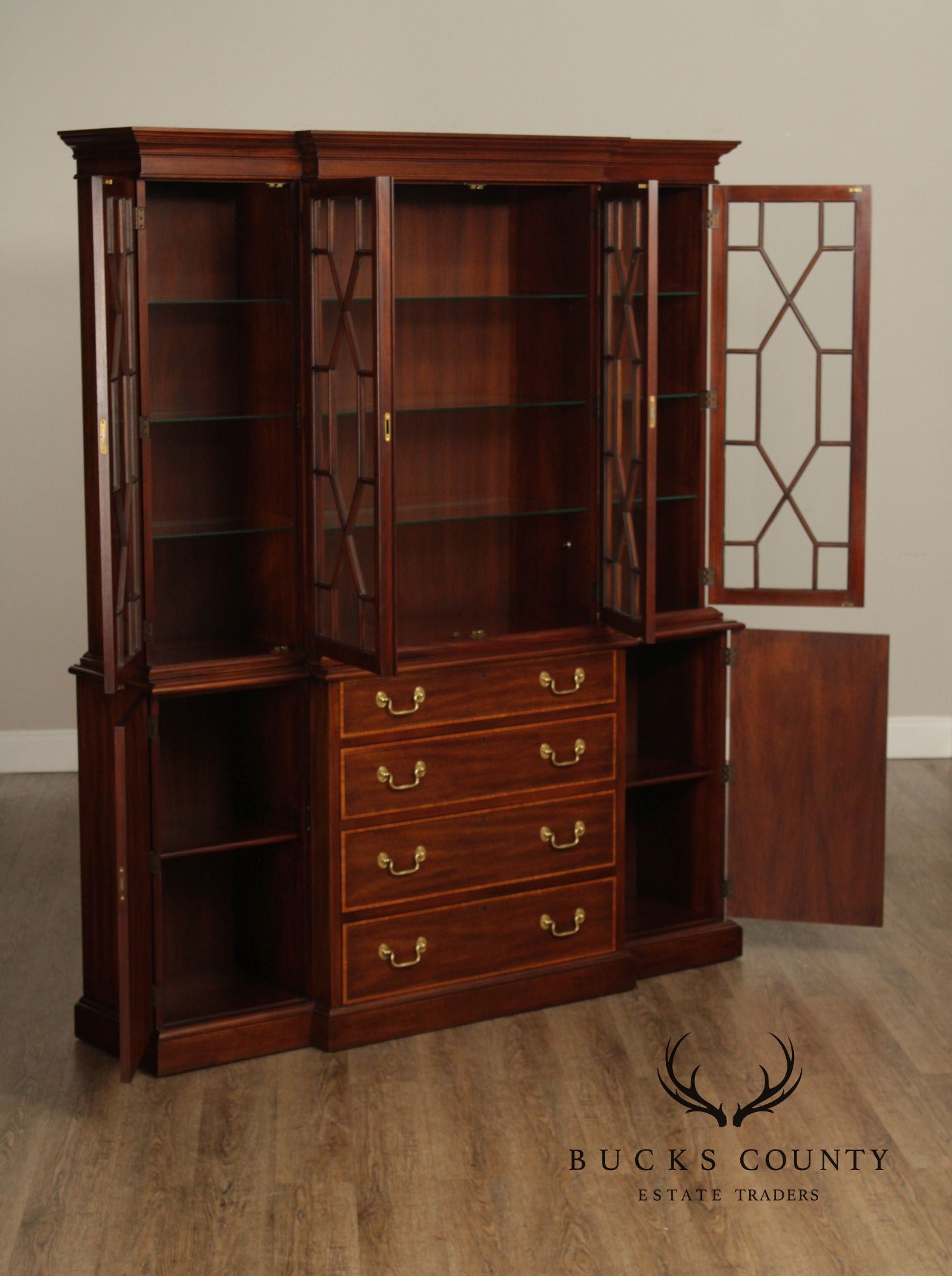 Henkel Harris Traditional Mahogany Lighted Breakfront China Cabinet