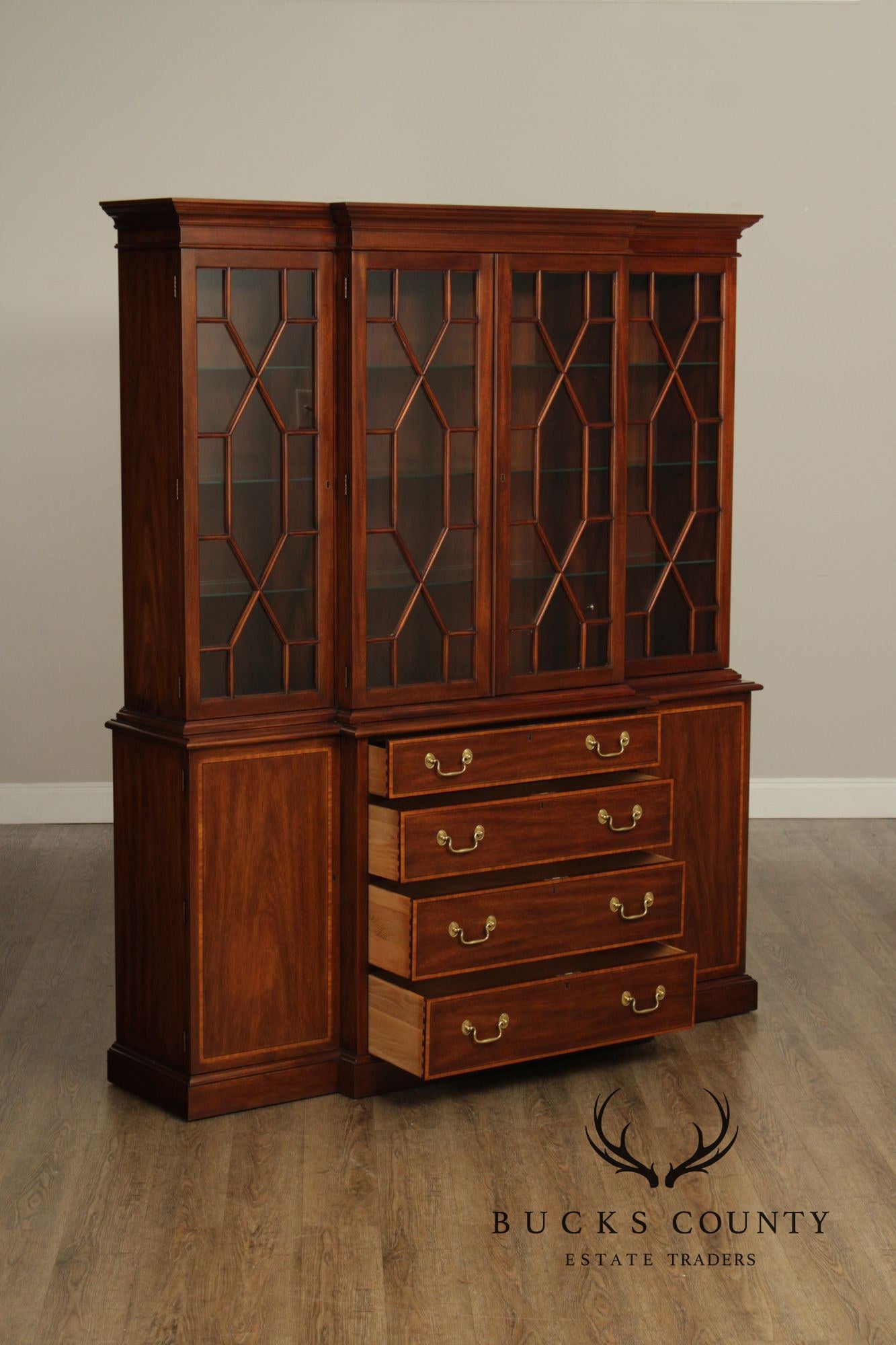 Henkel Harris Traditional Mahogany Lighted Breakfront China Cabinet
