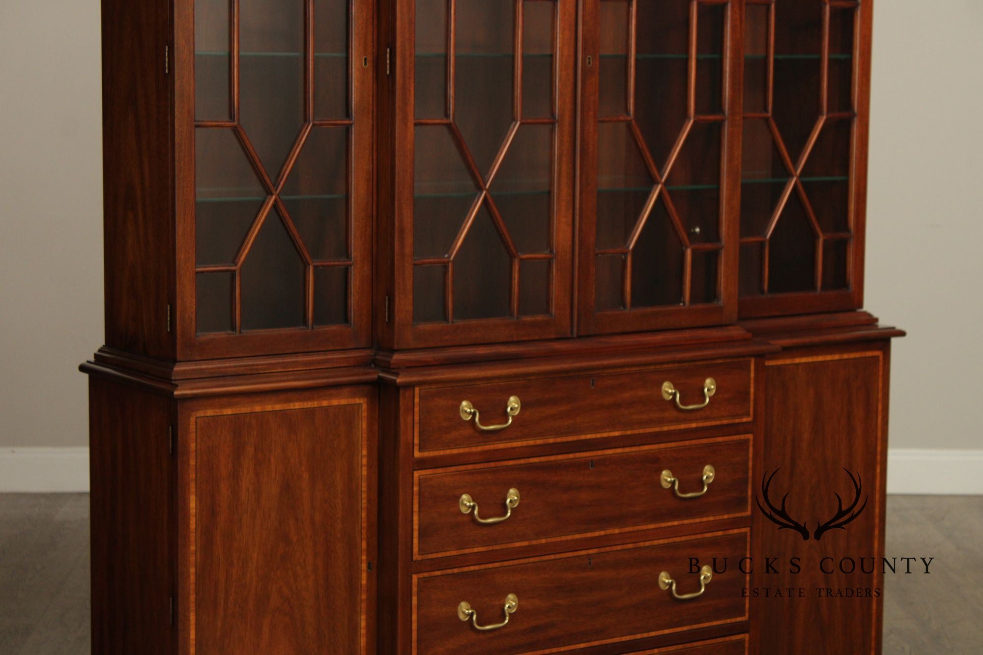 Henkel Harris Traditional Mahogany Lighted Breakfront China Cabinet