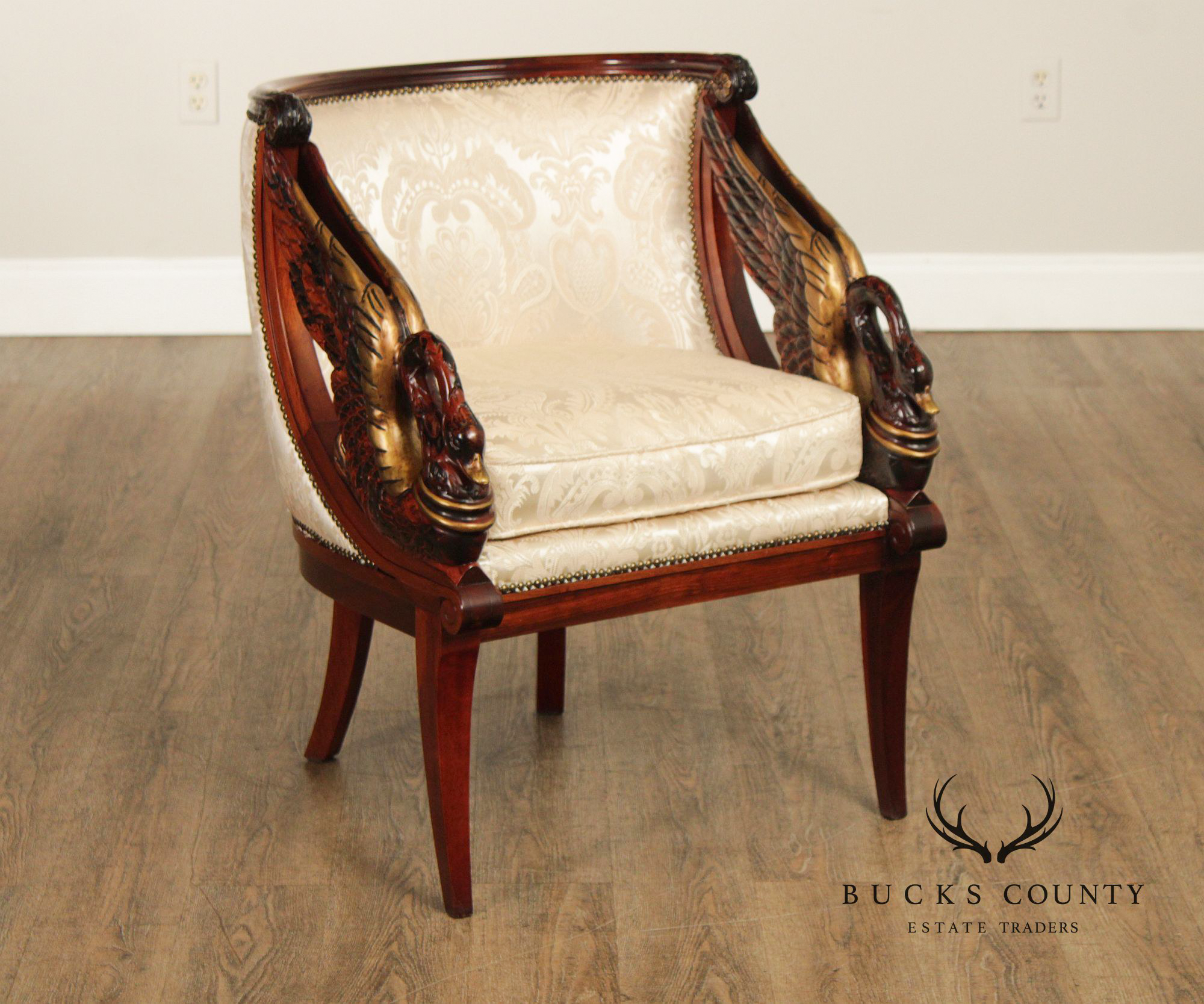 Neoclassical Revival Pair of Swan Carved Barrel Back Armchairs