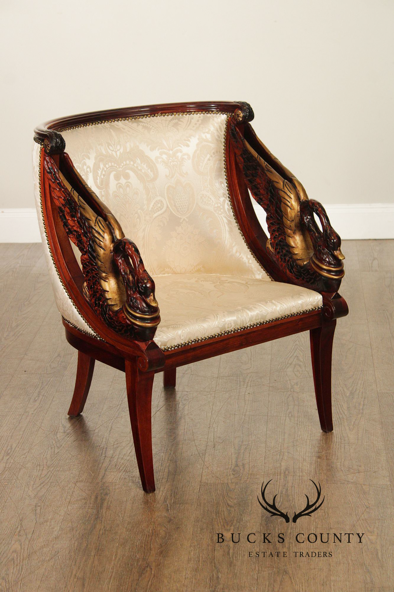 Neoclassical Revival Pair of Swan Carved Barrel Back Armchairs