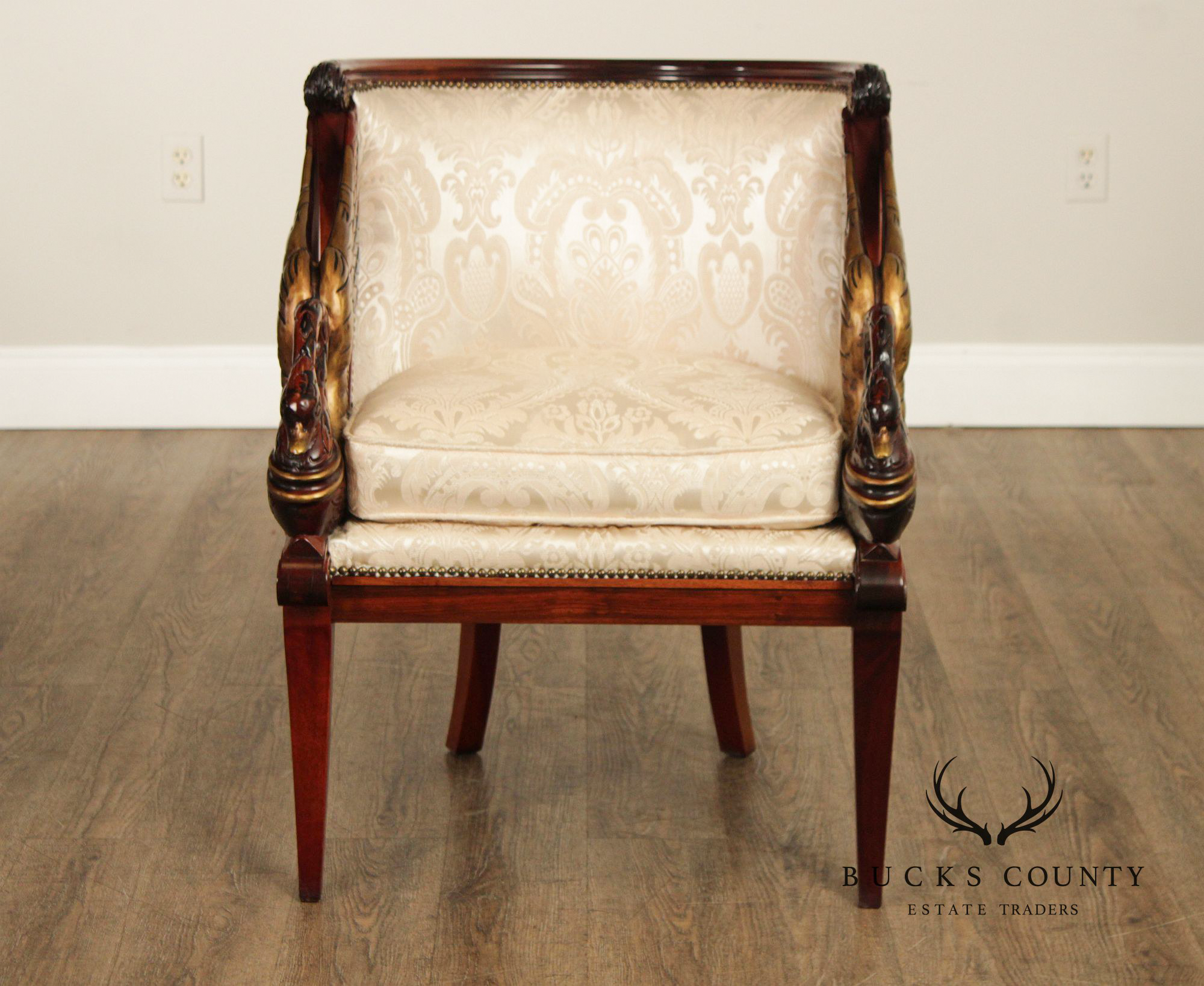 Neoclassical Revival Pair of Swan Carved Barrel Back Armchairs