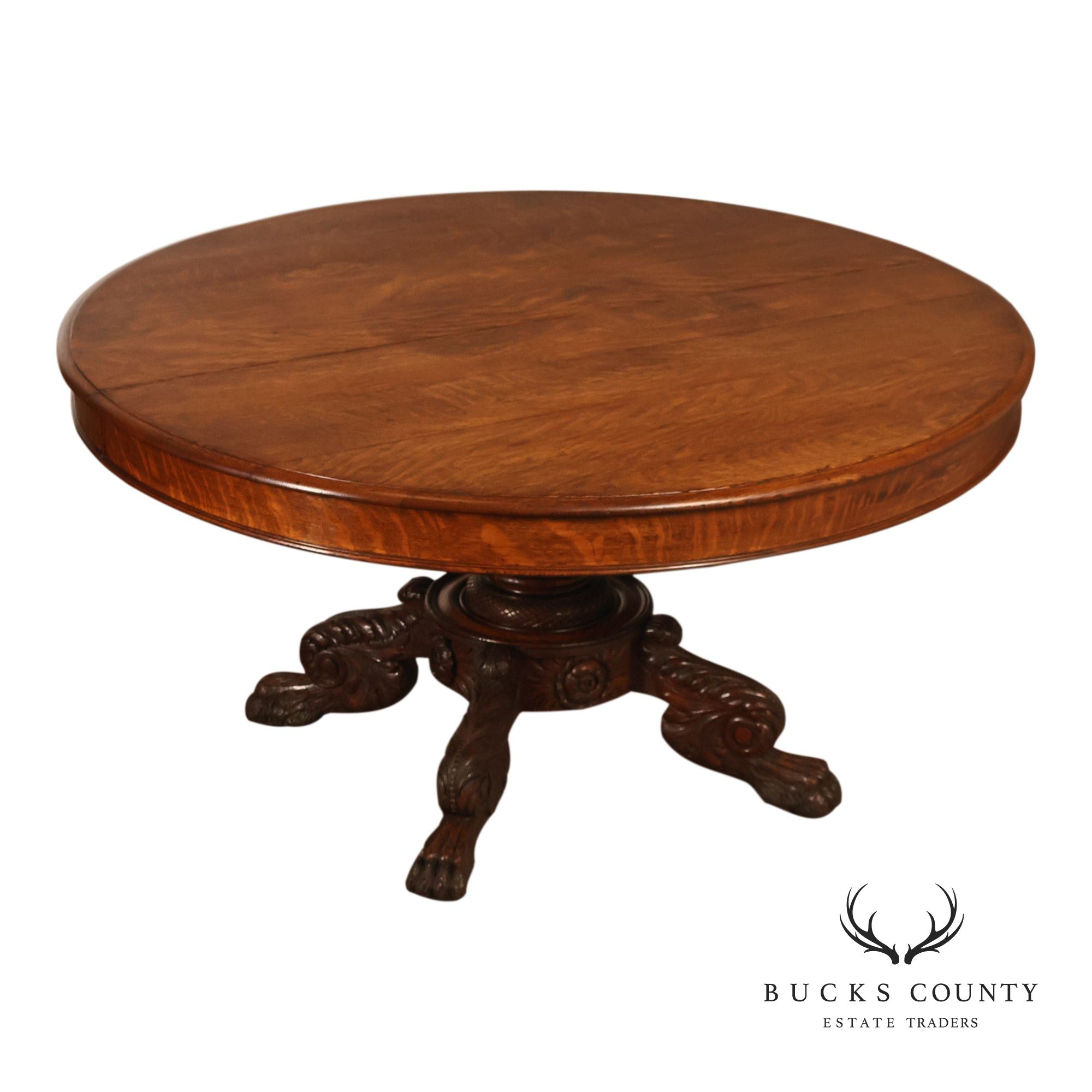 Antique 57 inch Round Oak Pedestal Dining Table With Carved Claw Feet