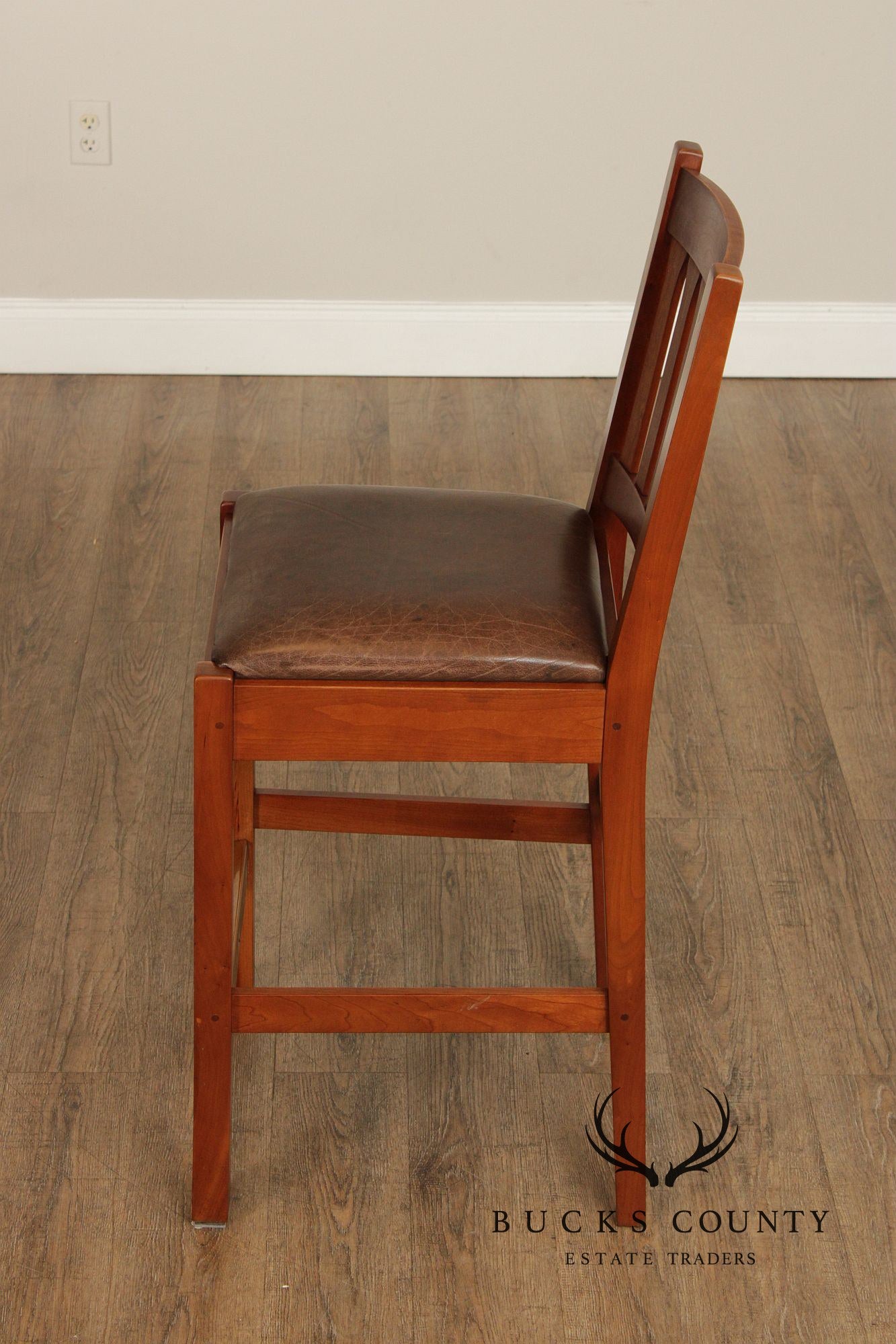 Stickley Mission Collection Pair of Cherry and Leather Slat Back Stools