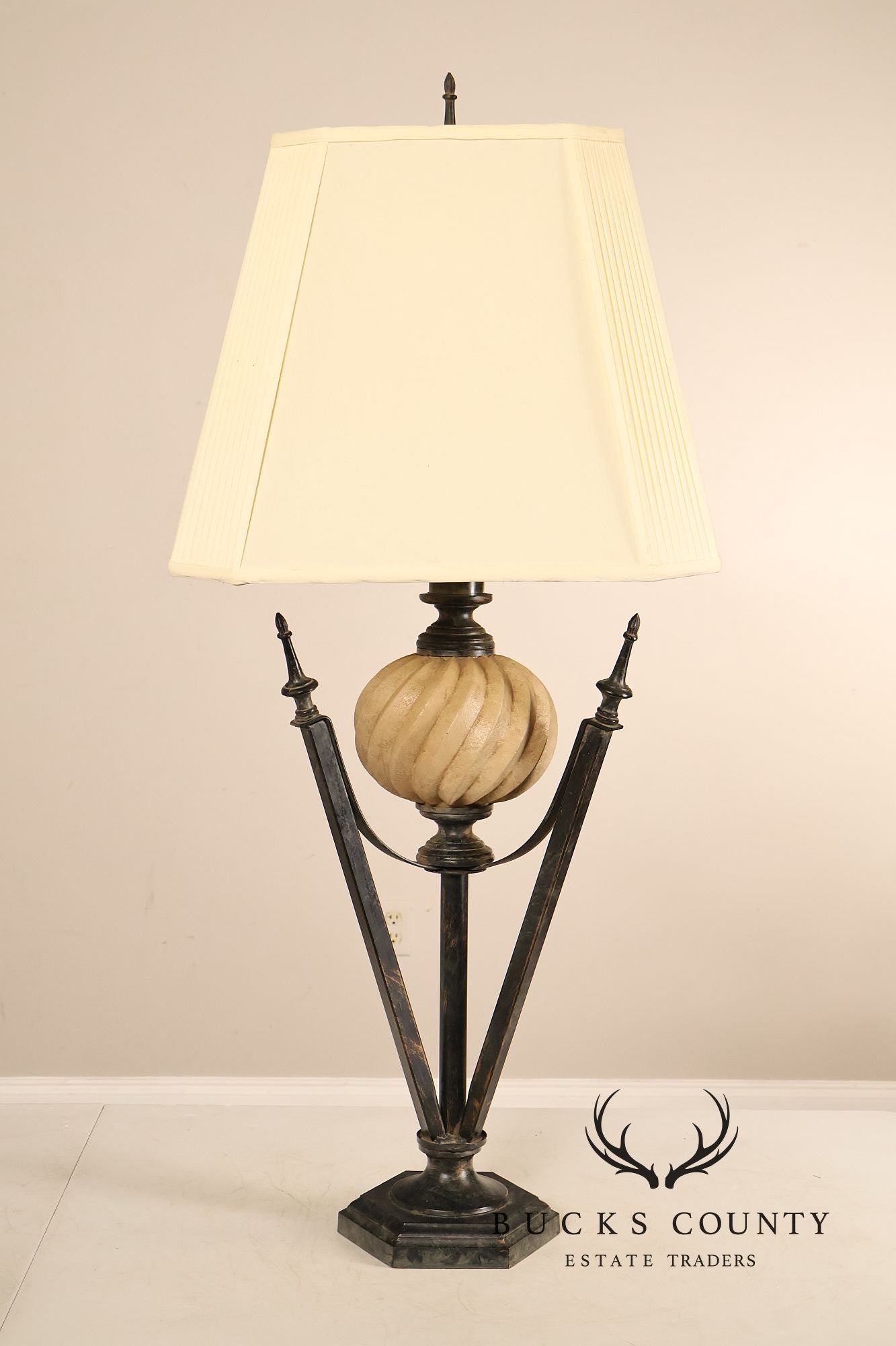 Neoclassical Style Pair Of Table Lamps With Carved Orb And Metal Base