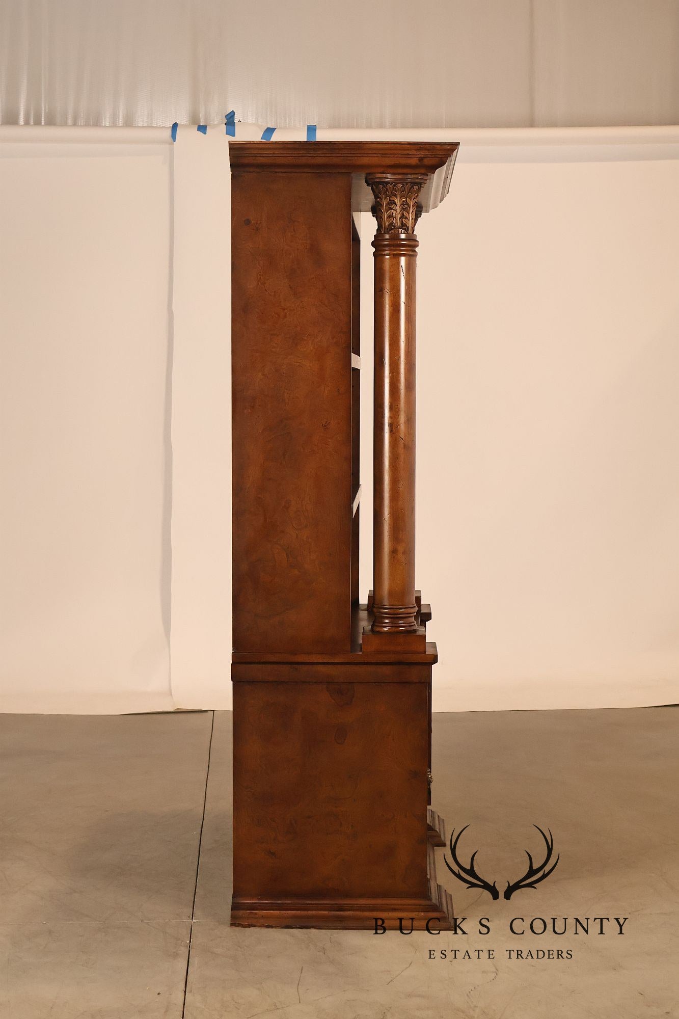 Large Classical Style Burl Wood Open Bookcase With Corinthian Columns