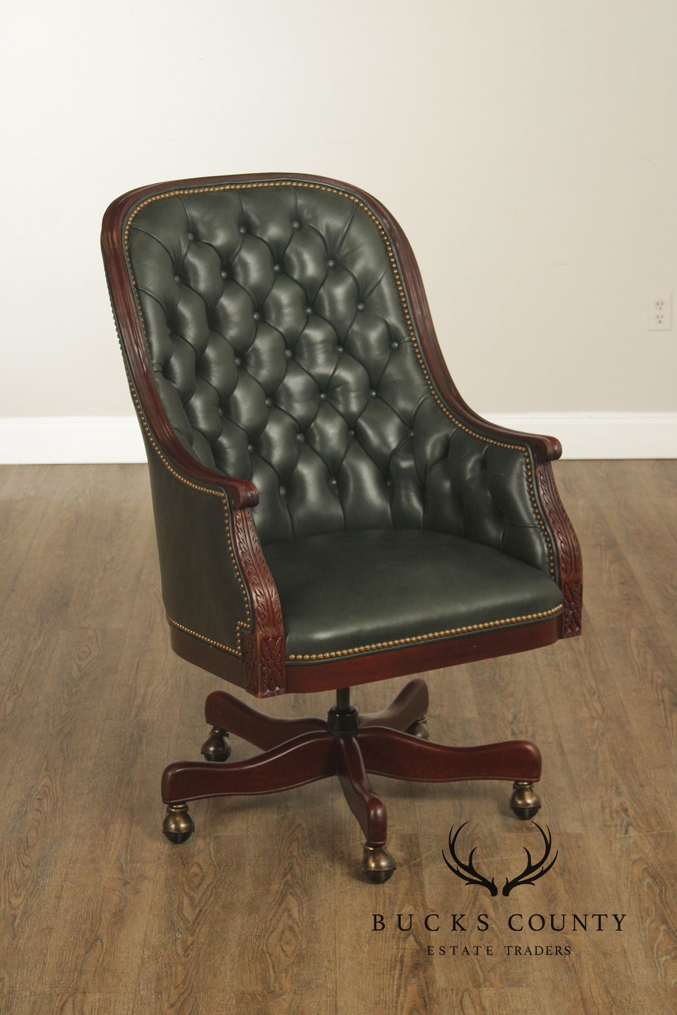 Hancock & Moore Traditional Green Leather Tufted Swivel Desk Chair